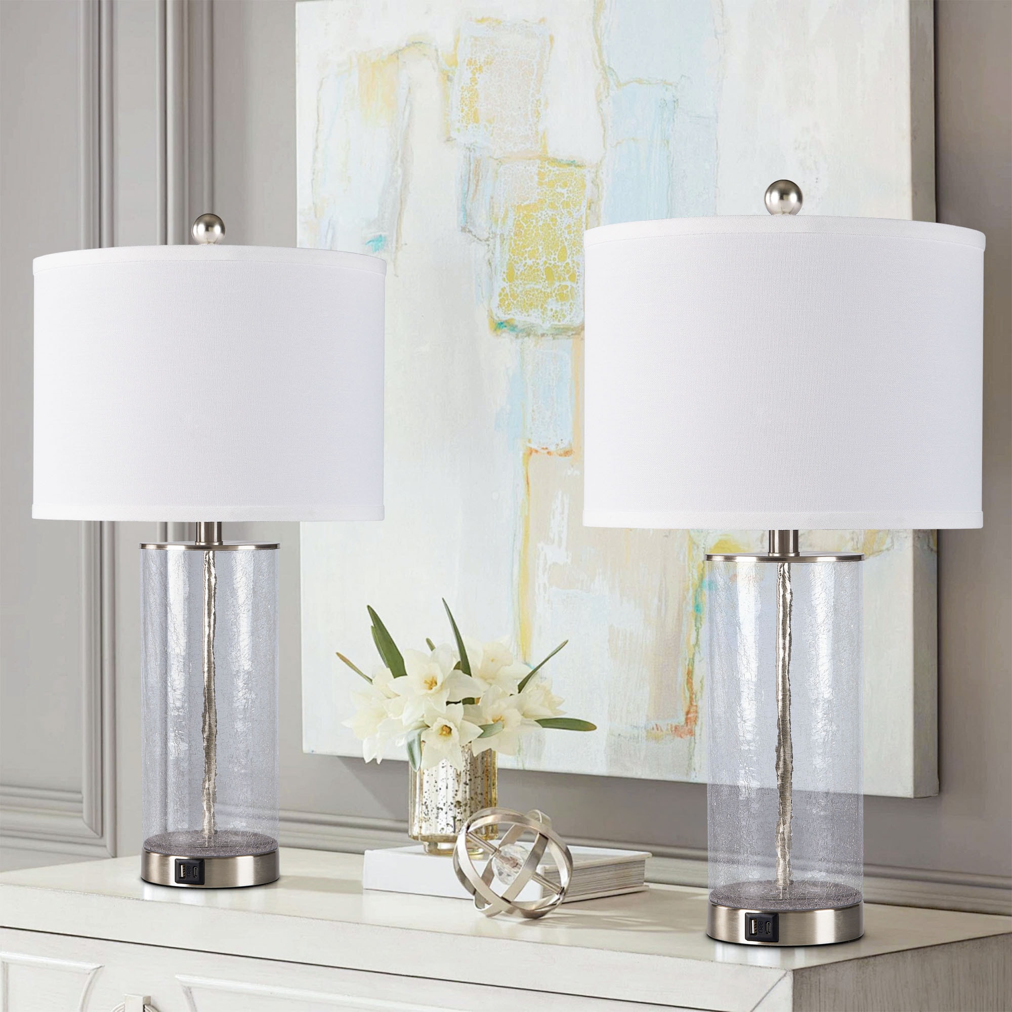 Maxax T263-NI Deluxe 23.25-Inches Brushed Nickel LED Incandescent Rotary socket Table Lamp with Linen Shade 2 -Set