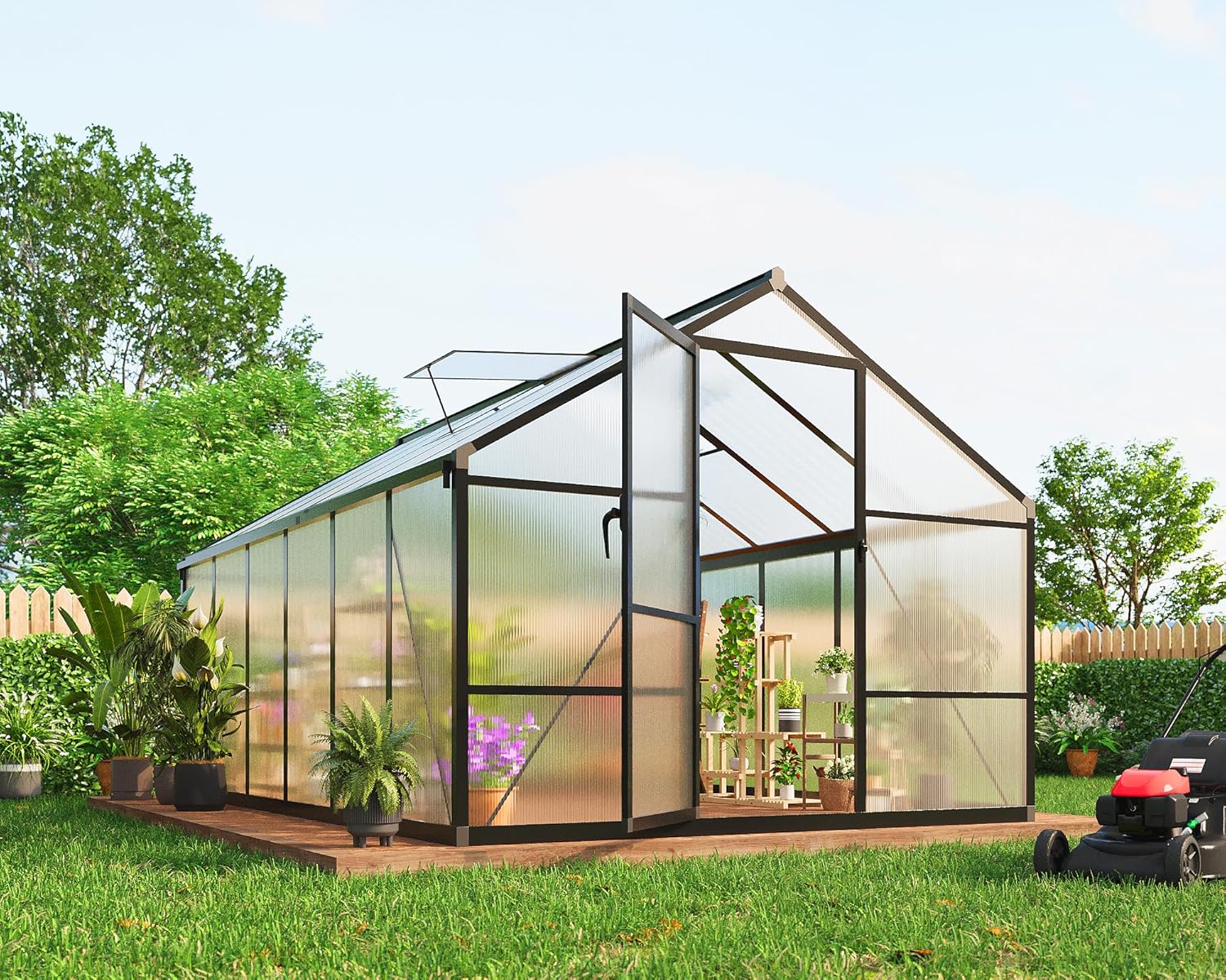 Qeetex QET-GH-WK25 8x12 FT Greenhouse for Outdoors Polycarbonate Greenhouse with Roof Vent Ground Nails Lockable Push Door Aluminum Large Walk-in Green House for Outside Garden Backyard Patio Lawn Black