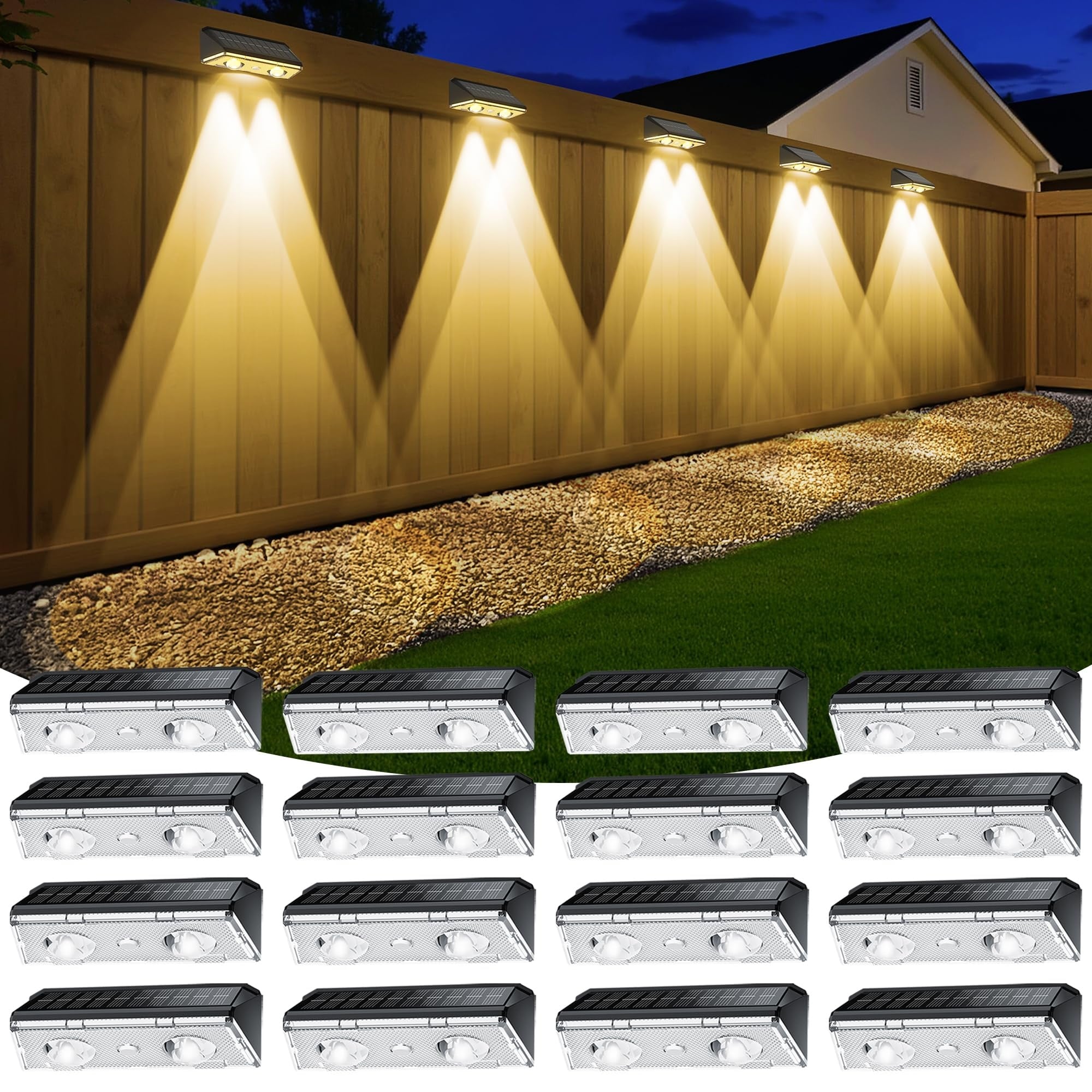 Oyezvary  Solar Fence Lights Outdoor 16 pack IP65 waterproof LED ultra bright 9 color modes for deck patio backyard pool wall easy install