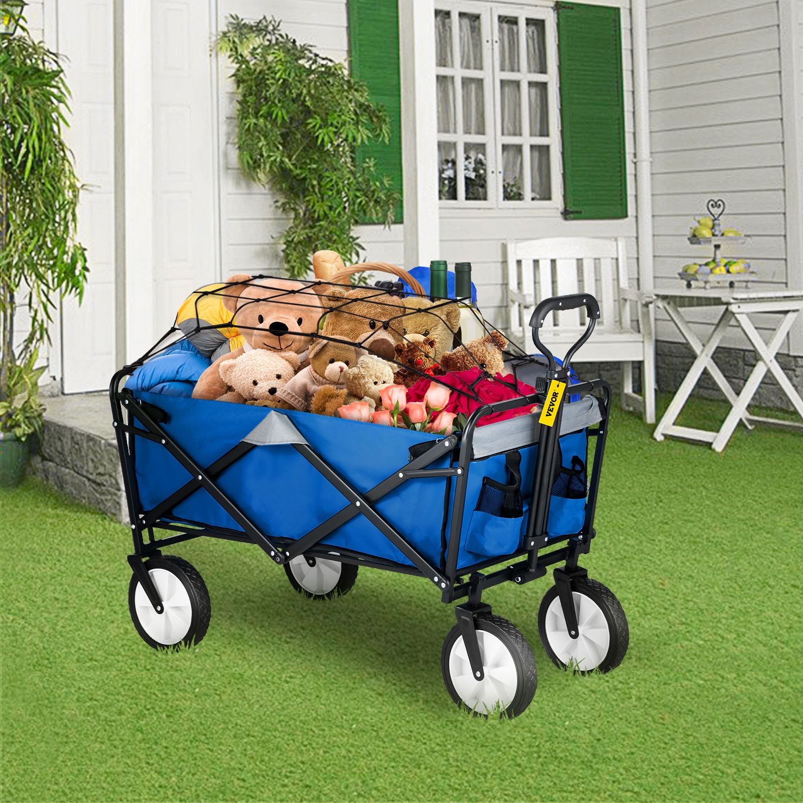 VEVOR Wagon Cart Folding Wagon Cart with 176lbs Load Outdoor Utility Wagon w/Adjustable Handle - Blue