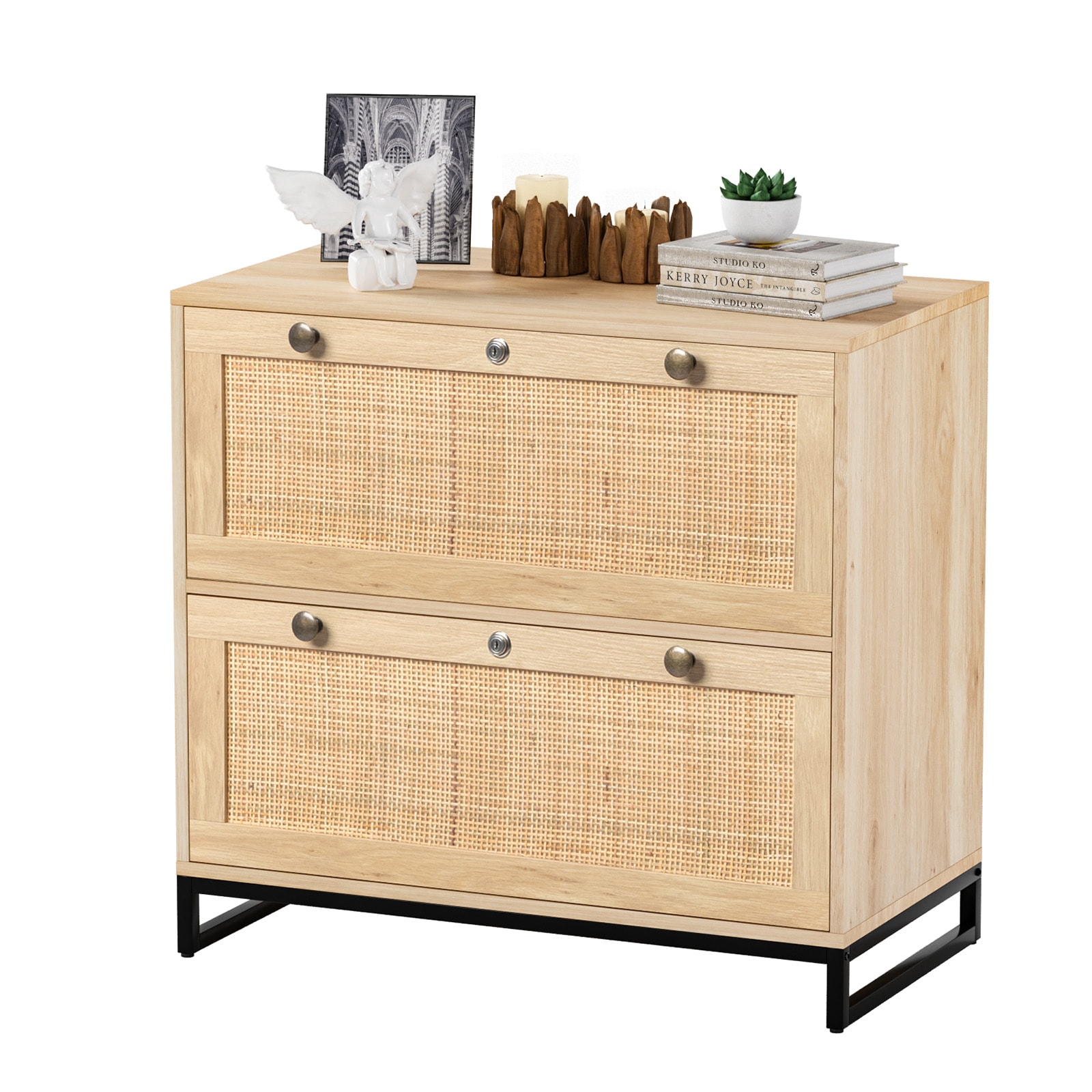VINGLI 29.5W x 27.8H 2-Drawer Rattan Lateral File Cabinet with Lock for Home Office for Hanging Letter/A4/Legal Size Labeled Folders Oak