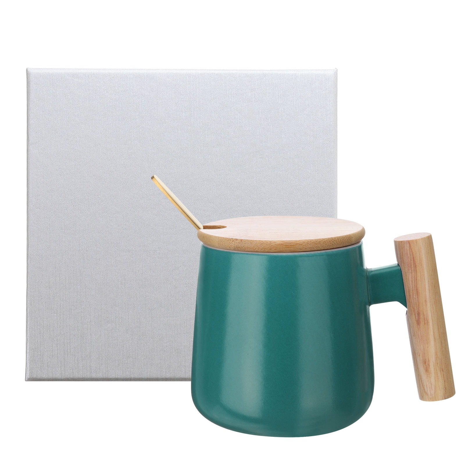 Harfington Ceramic Coffee Mug Set 12.85 Oz Simple Wooden Handle Large Tea Cup Handmade Ceramic Mugs Gift Box with Lid and Spoon for Office Kitchen Home and Gifts for Women and Men Green #S25120404UX5356