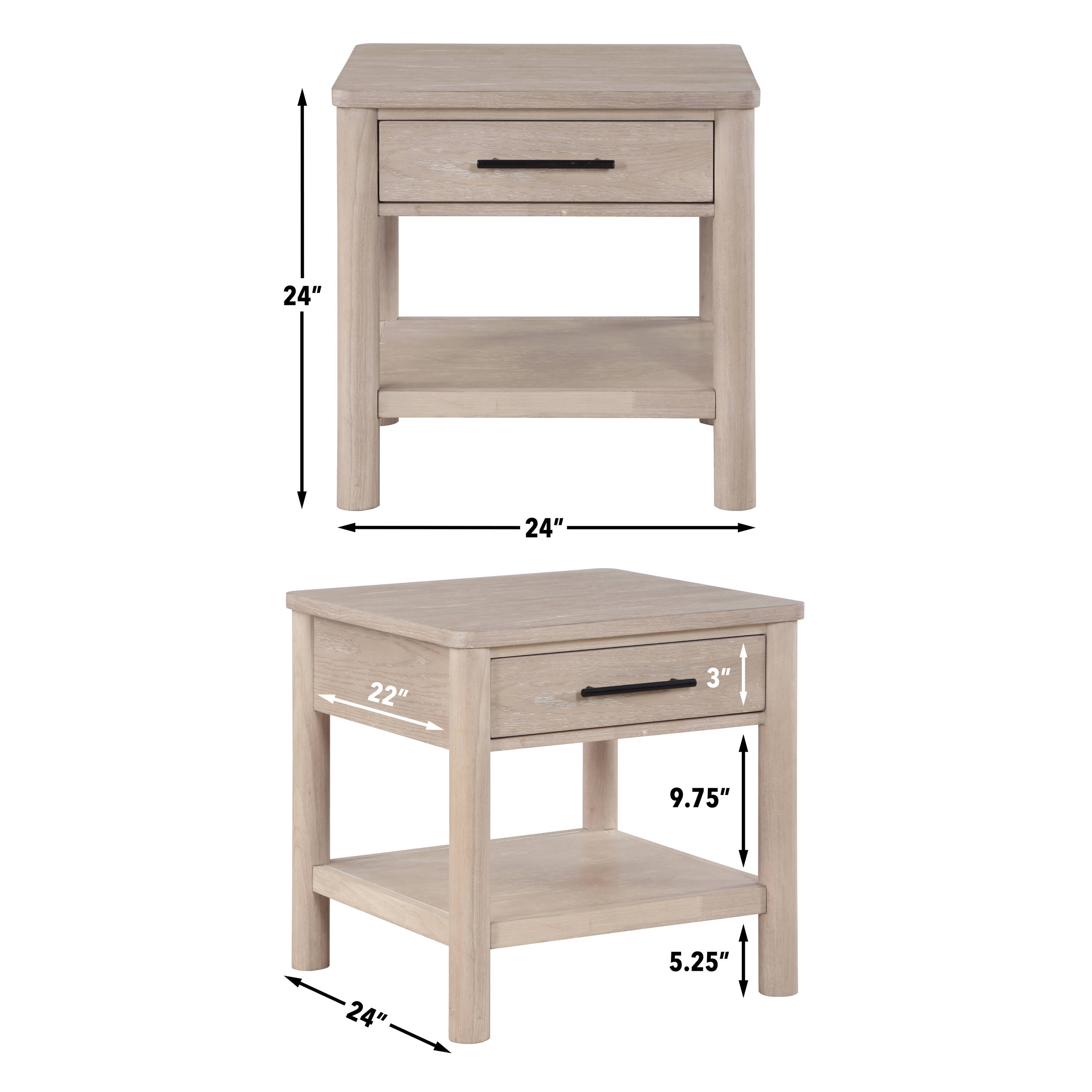 Washed Oak 24" Square End Table with Drawer and Shelf