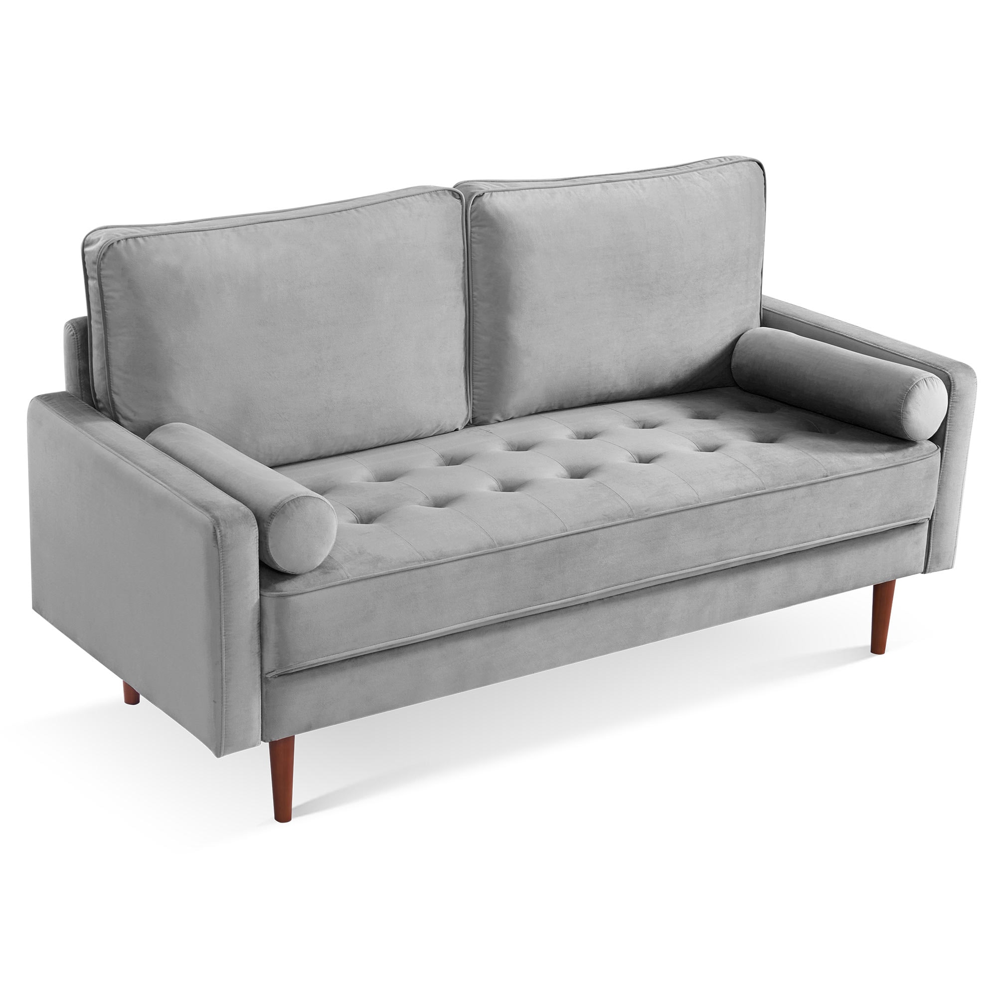 69 Inch Grey Velvet Sofa with Wood Legs and Bolster Pillows