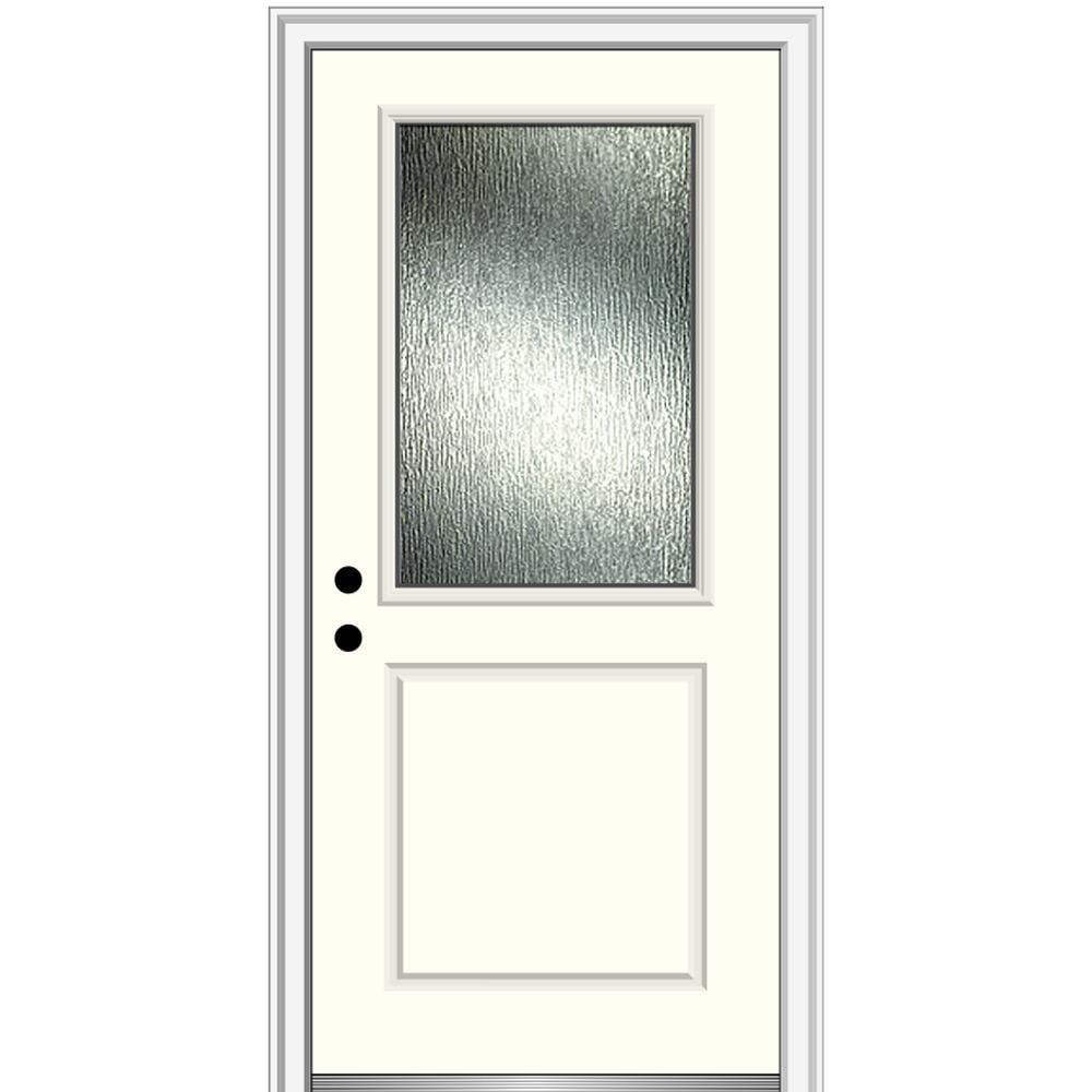 MMI DOOR ZZ367160R Rainglass 32-in x 80-in x 4-9/16-in Fiberglass Half lite Right-hand inswing Alabaster Painted Prehung Front Door with Brickmould Solid core