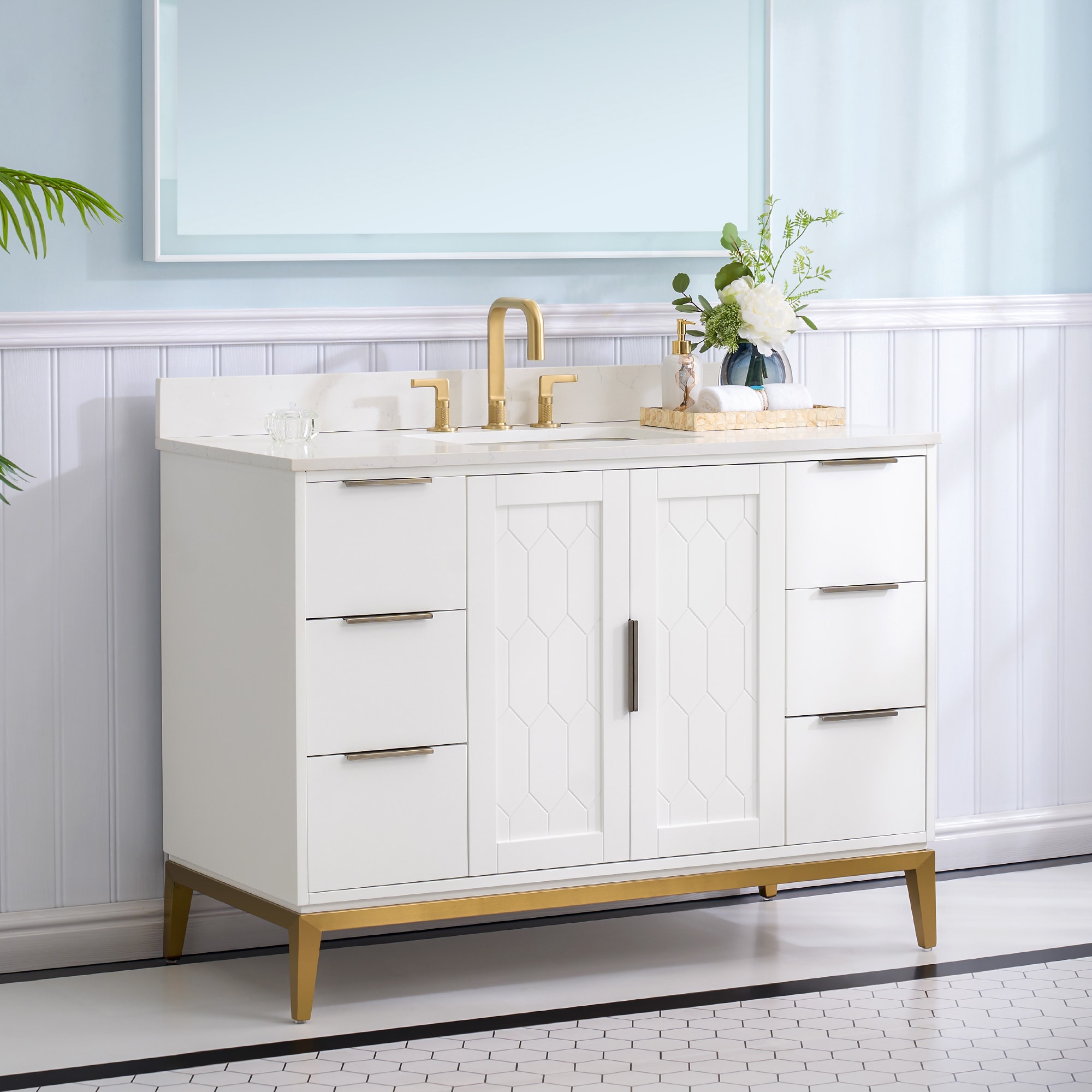 WELLFOR BCB2140WH-LS ALISON 48-in Bathroom Vanities with Top 48-in White Undermount Single sink Bathroom Vanity with Carrera white Quartz Top