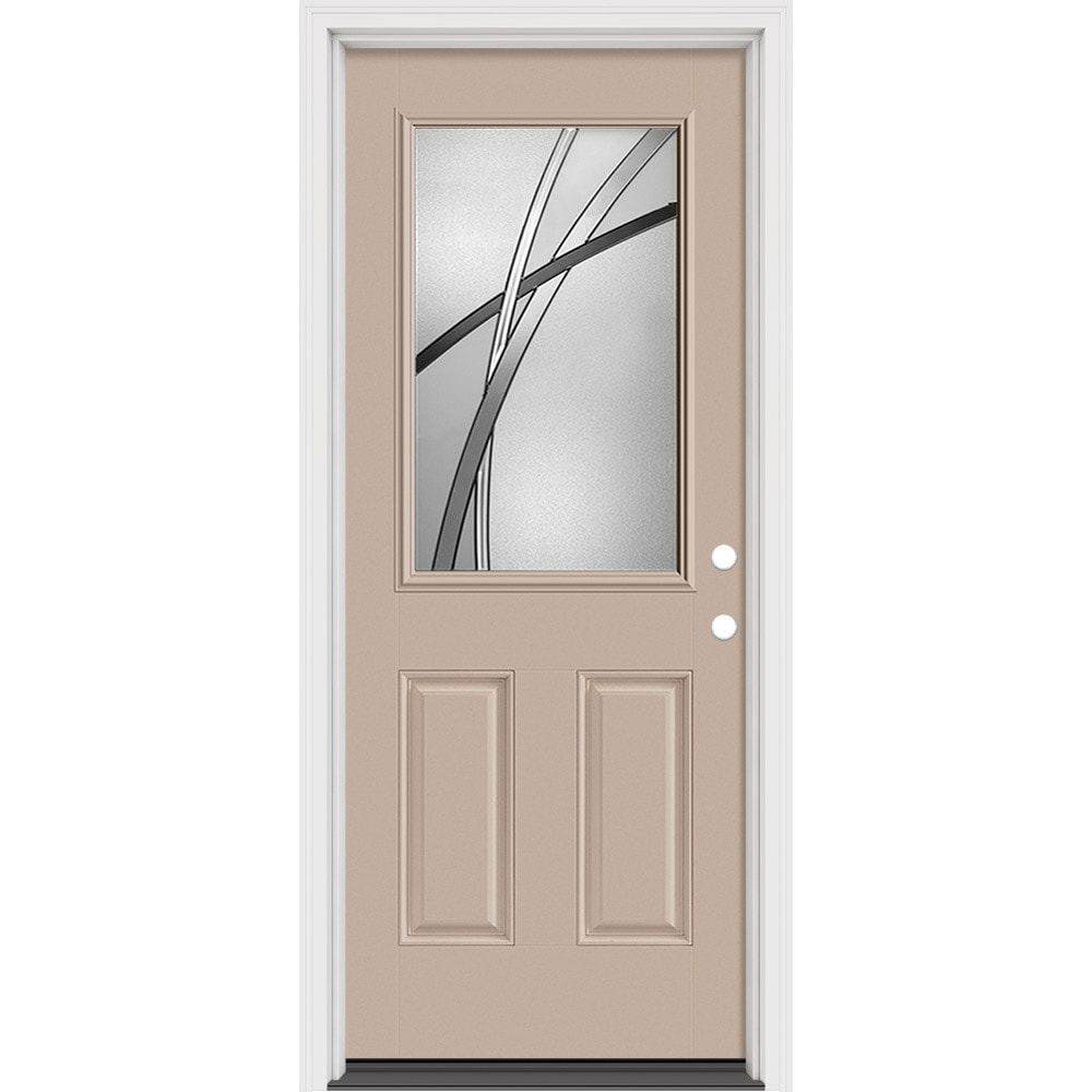 Masonite 632870 Kordella 32-in x 80-in x 4-9/16-in Fiberglass 1/4 lite Right-hand inswing Woodhaven Painted Prehung Slab Front Door with Brickmould Solid core