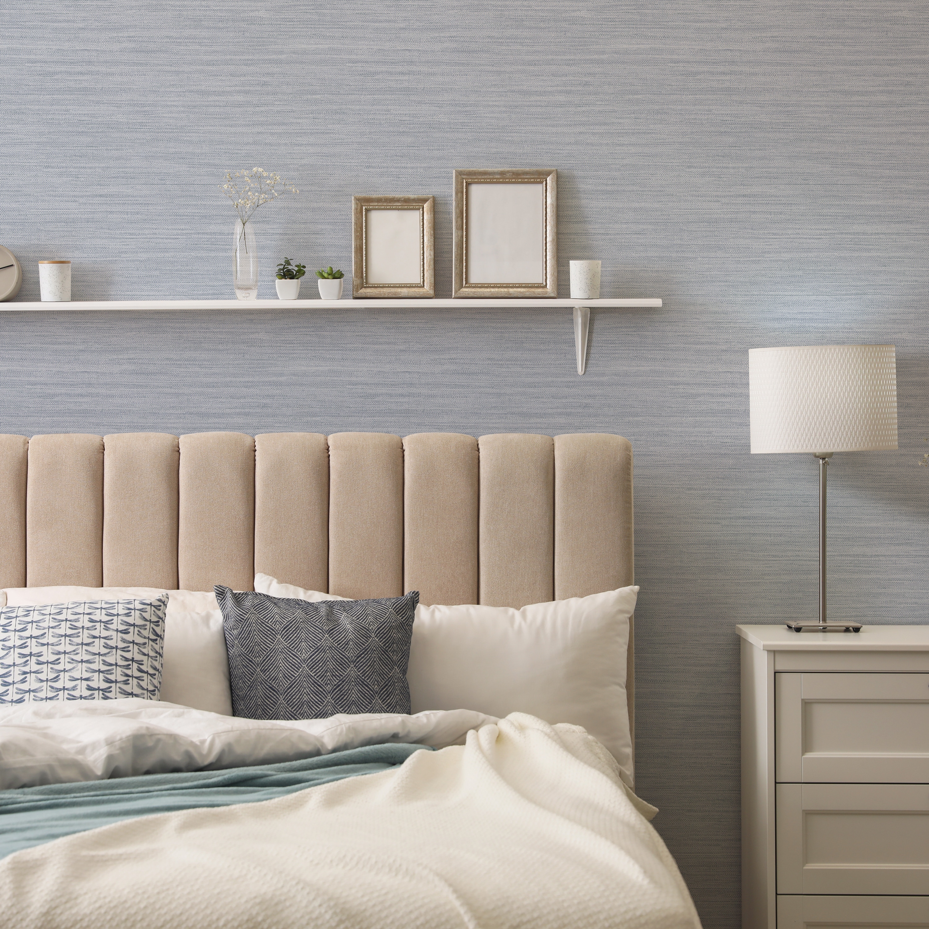 Powder Blue Vinyl Grasscloth Peel and Stick Wallpaper Roll
