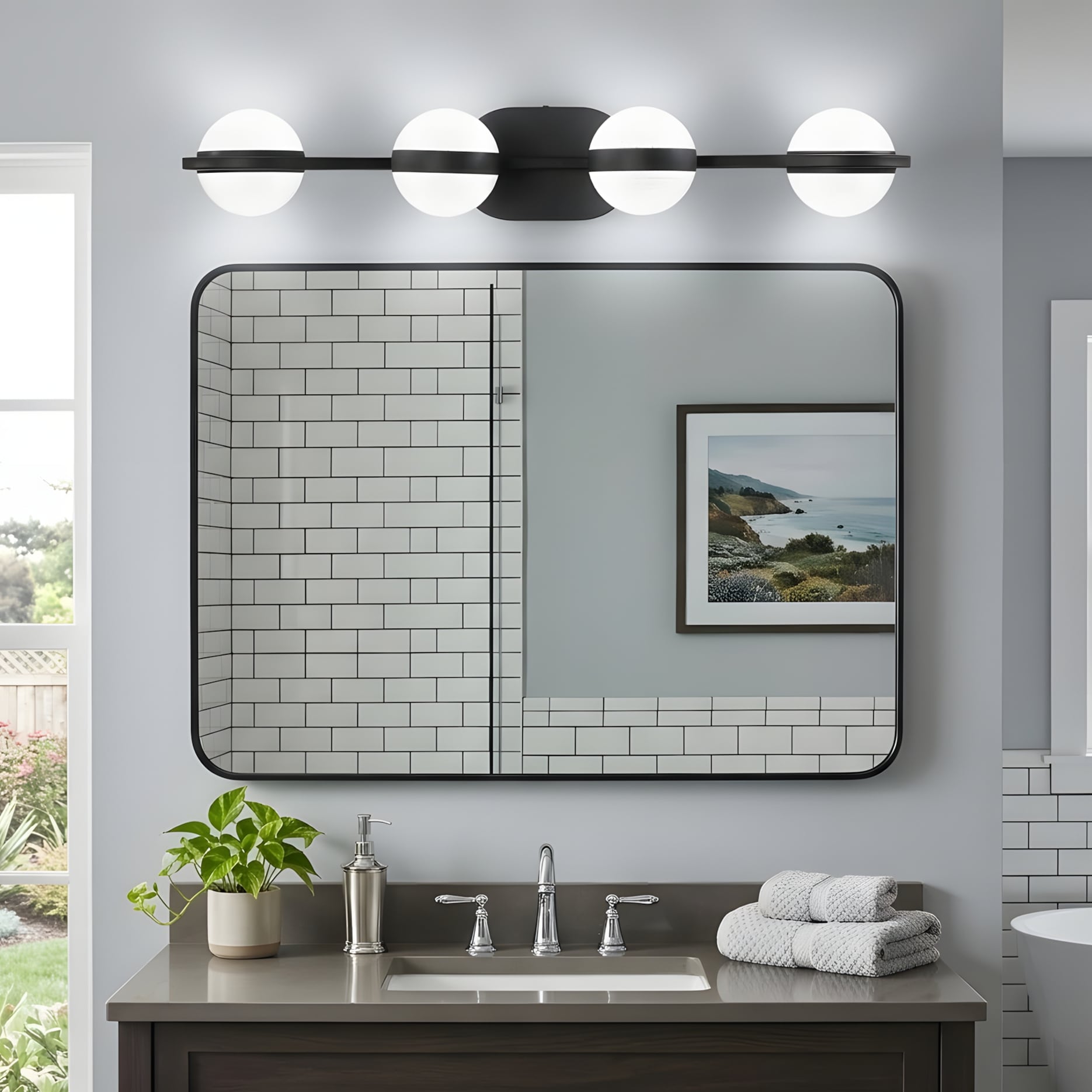 RCCFBHM 29-in 4-Light Modern Black LED Bathroom Vanity Light with Crystal Sand Acrylic Shades