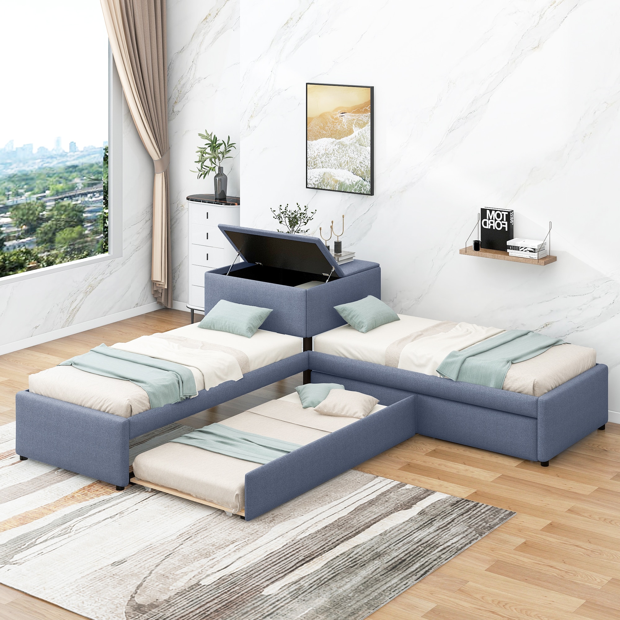 ModernLuxe GX000531AAE Lshaped Upholstered Platform Bed with Trundle and Two Drawers Linked with builtin DeskTwinGray