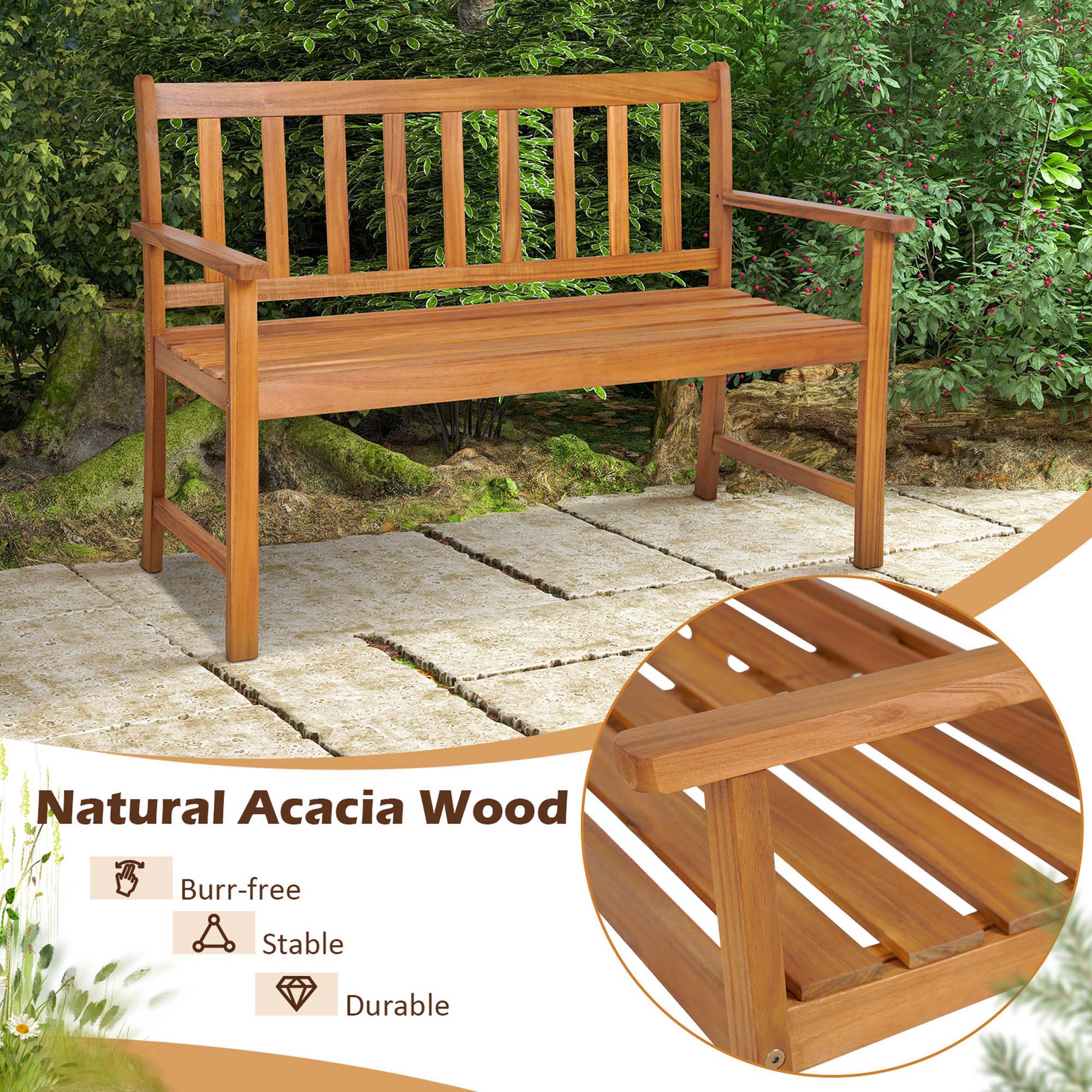 Goplus 48 in W x 34 in H Natural Acacia Garden Bench in the Patio