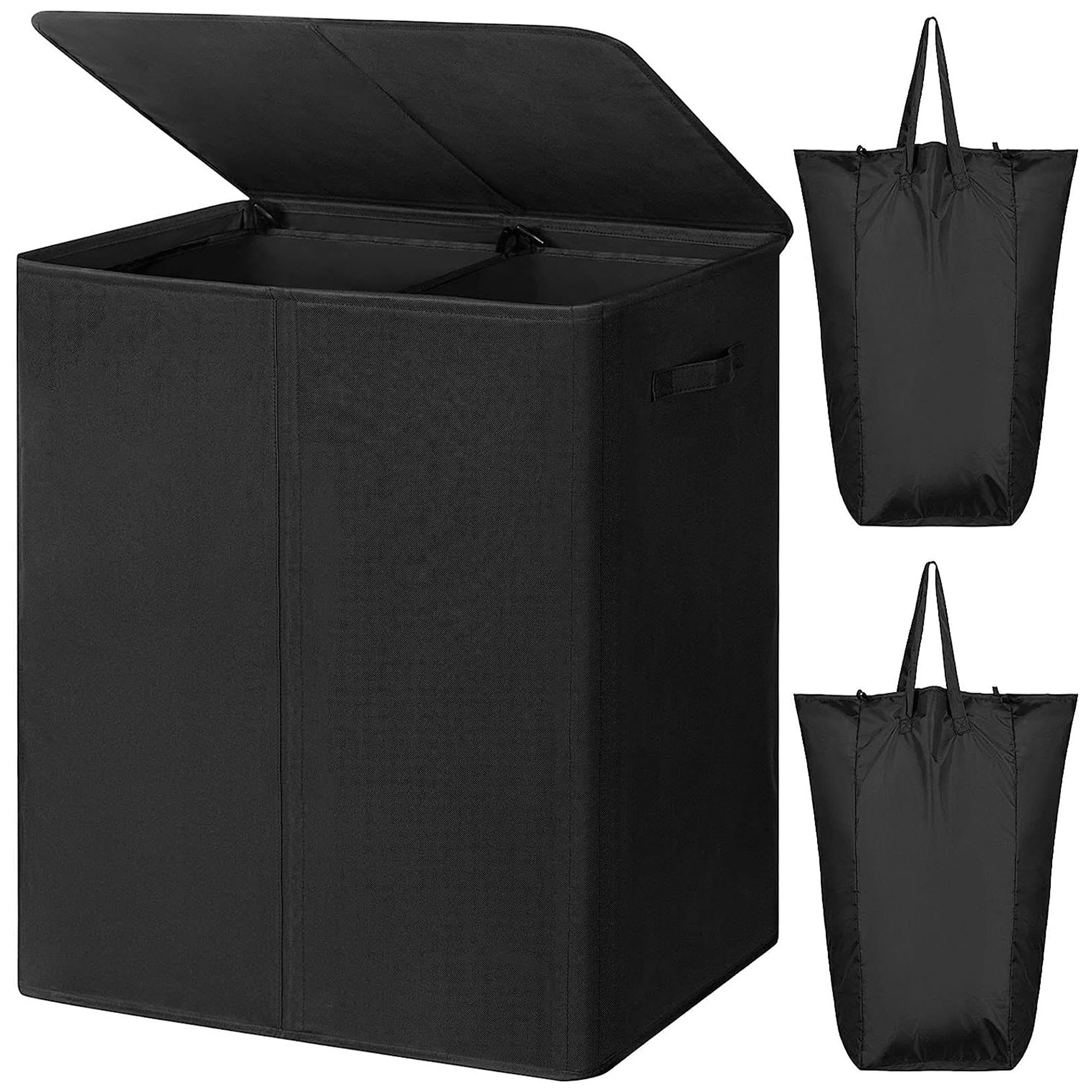 WOWLIVE 319739 154-Liter Fabric 2-Section Collapsible Double Laundry Basket Storage Hamper with Lid and Removable Bags for Bedroom Dorm and Bathroom Black