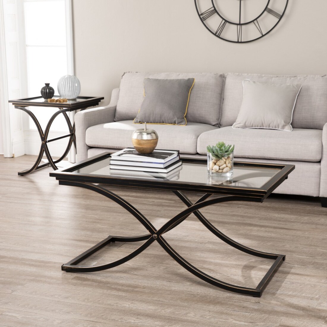 HomeRoots 14 Black Oak Veneer and Glass Coffee Table