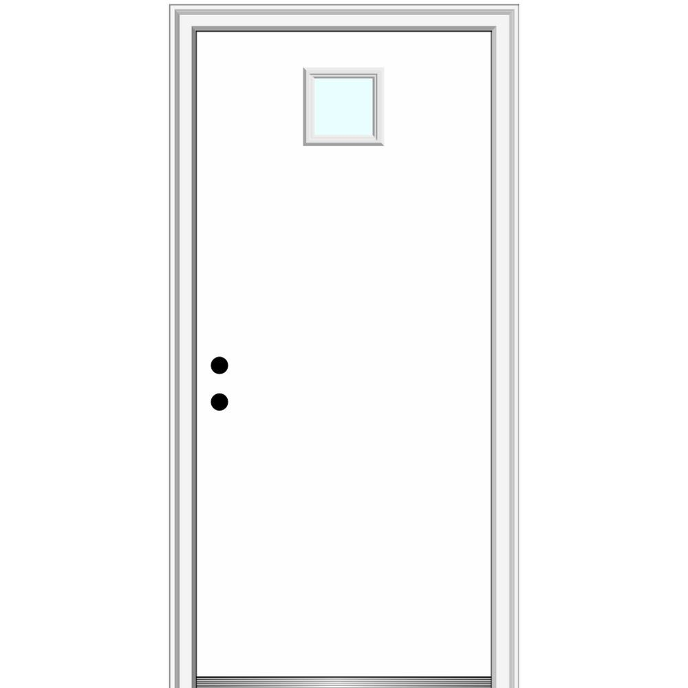 MMI DOOR ZZ365343R 30-in x 80-in x 6-9/16-in Fiberglass 1/4 lite Right-hand inswing Primed Prehung Front Door with Brickmould Insulating core
