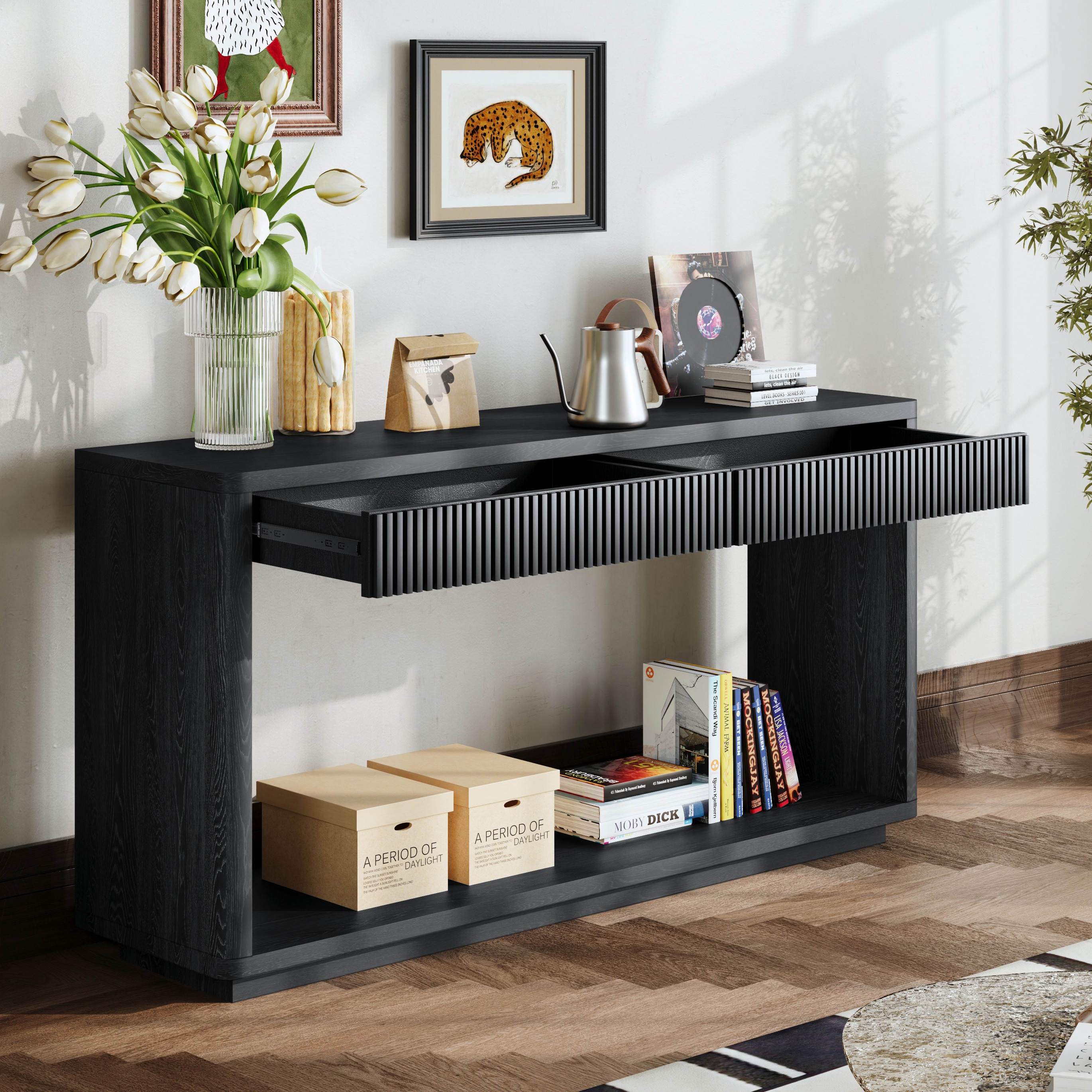 GDFStudio 345639 60 Inches Modern 2 Drawer Fluted Console Table Natural Wood Veneer Sofa Table Behind Couch Table For Living Room Hallway Entryway Home office Black