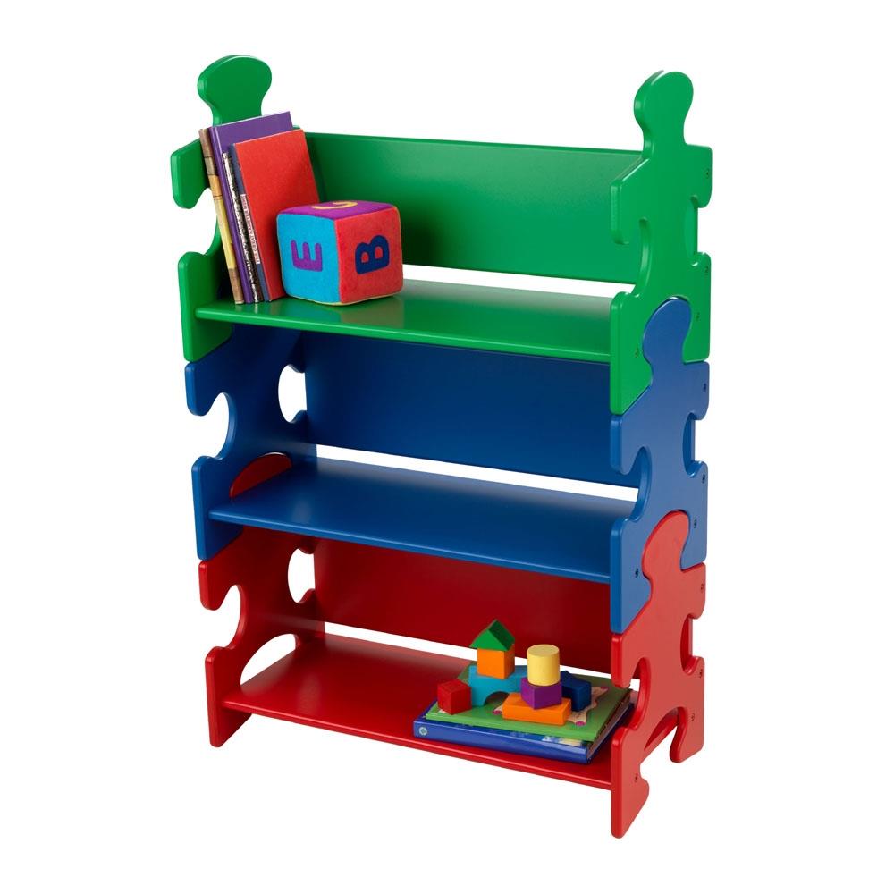 bookcase with 3 shelves KidKraft 14400 Green Blue & Red Puzzle Wooden Bookshelf for Kids childrens bedroom furniture and display 