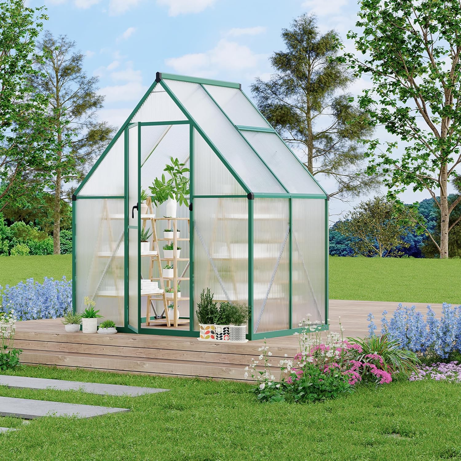 GAOMON Heavy Duty 6x4ft Polycarbonate Greenhouse UV-Resistant Aluminum Frame Double Lockable Doors Roof Vent Quick Assembly - Green