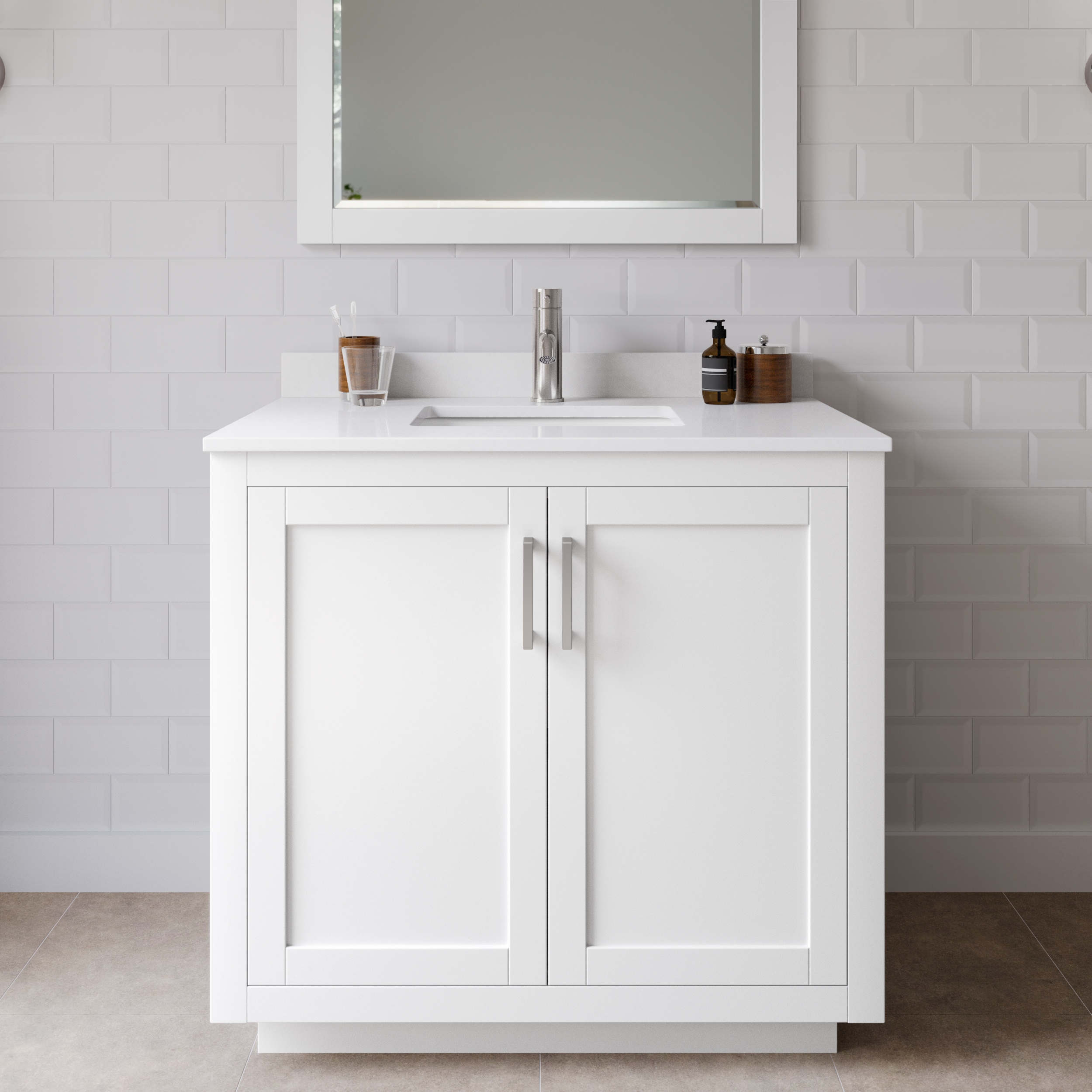 Wyndham Collection WCF292936SWHWCUNSM34 Miranda 36-in White with Brushed Nickel Trim Undermount Single sink Bathroom Vanity with White Cultured Marble Cultured marble Top (Mirror Included)