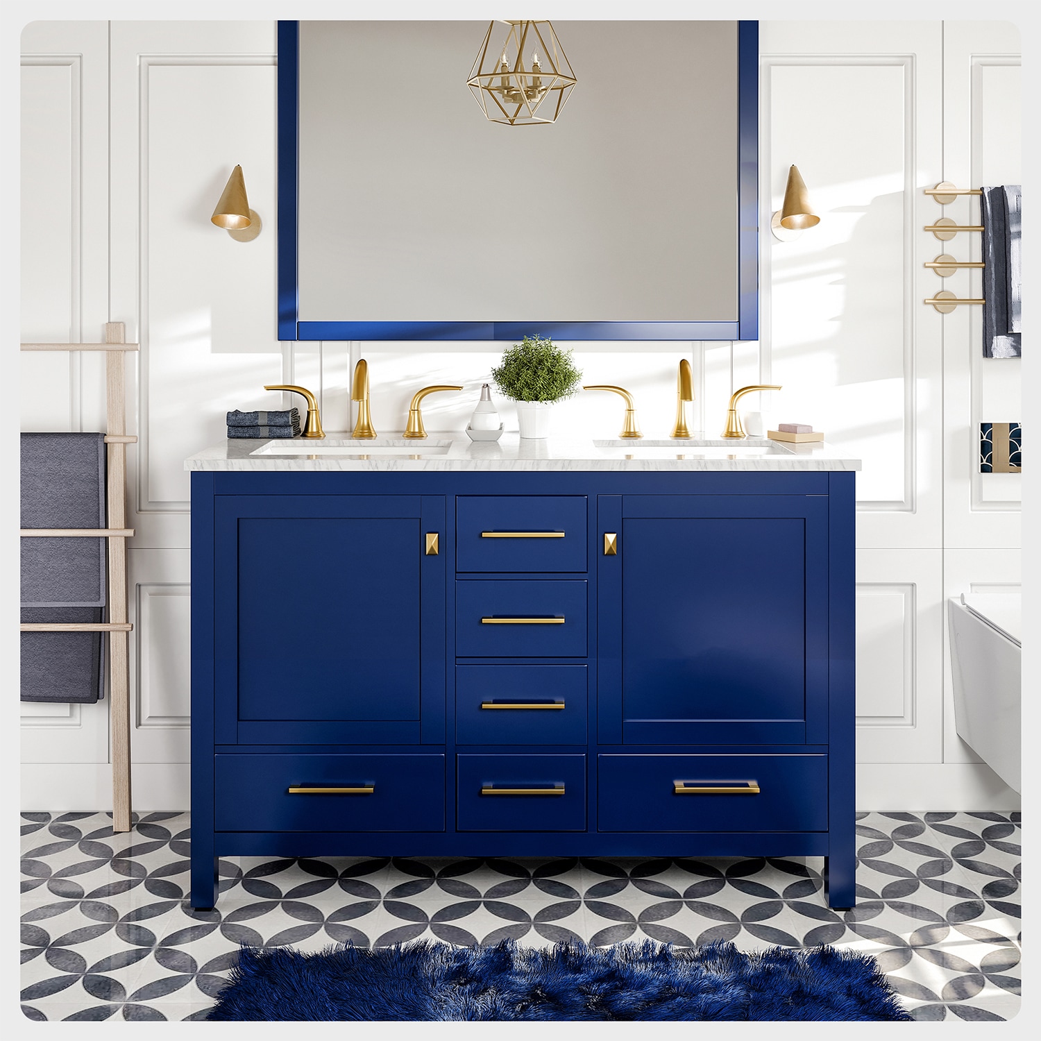 Eviva Blue Undermount Double Sink Bathroom Vanity with White Marble Top ...