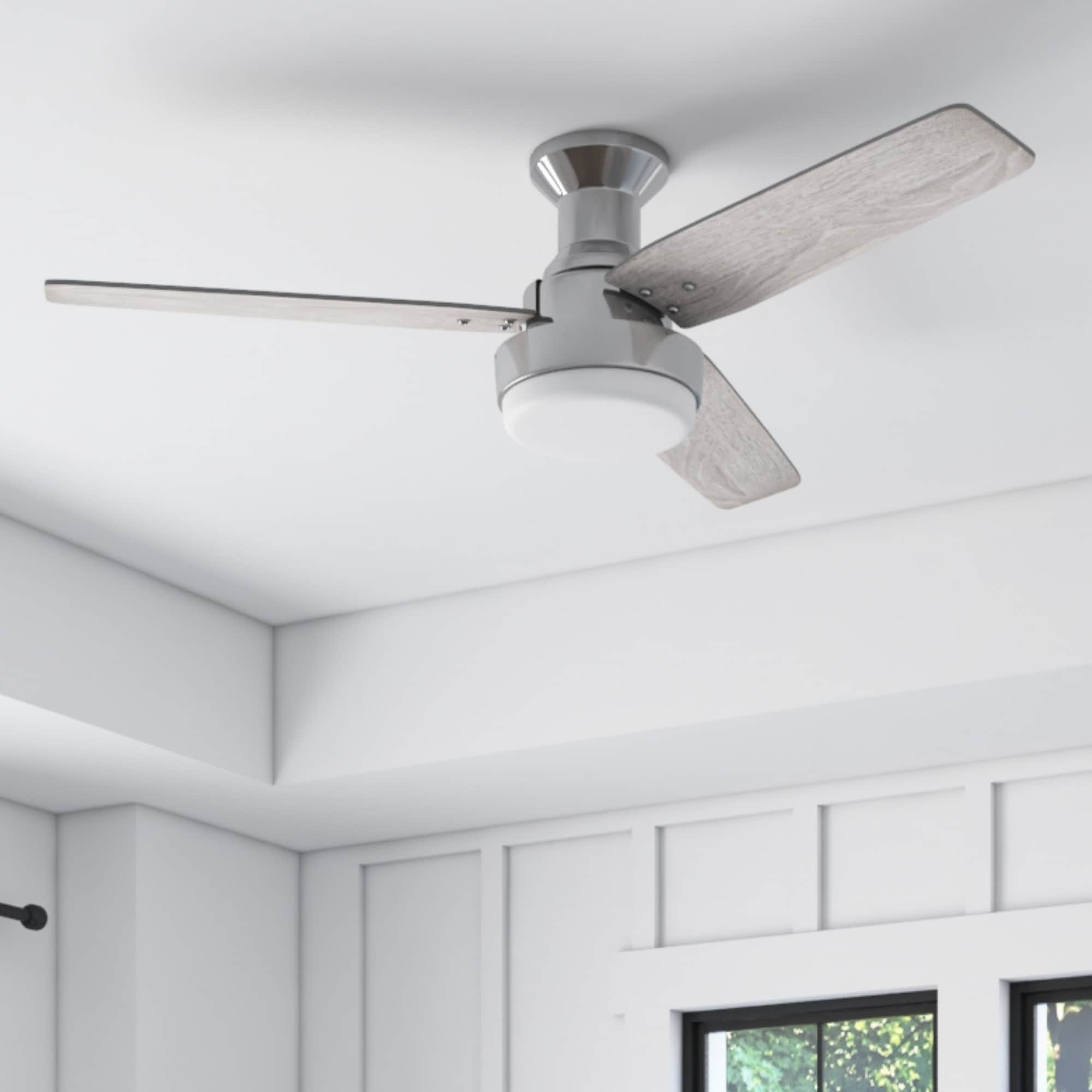 Harbor Breeze Mac II 52-in Brushed Nickel with Driftwood/Toffee Blades Color-changing Indoor Flush Mount Ceiling Fan with Light and Remote (3-Blade) -  42481