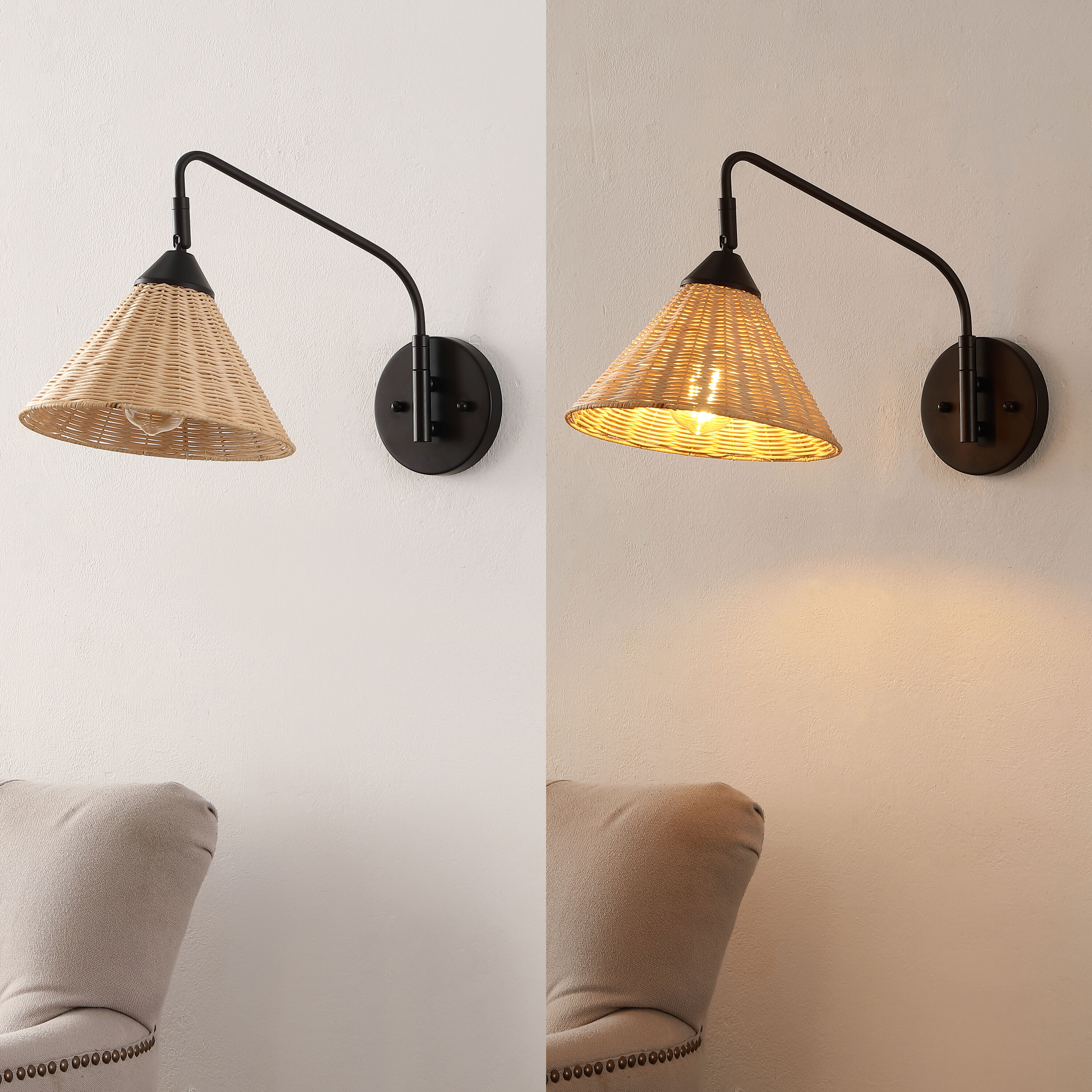 Black Iron Swing Arm Sconce with Natural Woven Shade