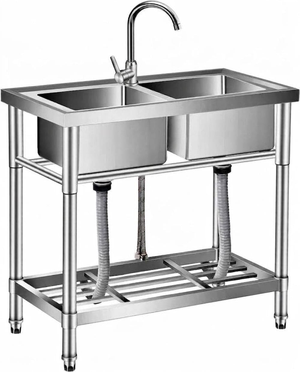 IdealHouse 24x20x41 Inch Stainless Steel Utility Basin with Faucet - Freestanding Single Bowl Commercial Basin - Hot and Cold Water Pipes Adjustable Legs and Storage Shelf - For Laundry Room Kitchen Garage Outdoor