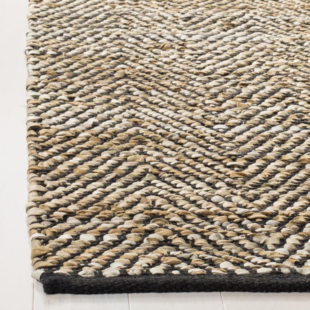 Vintage Beige and Brown Leather Chevron 8' x 10' Area Rug