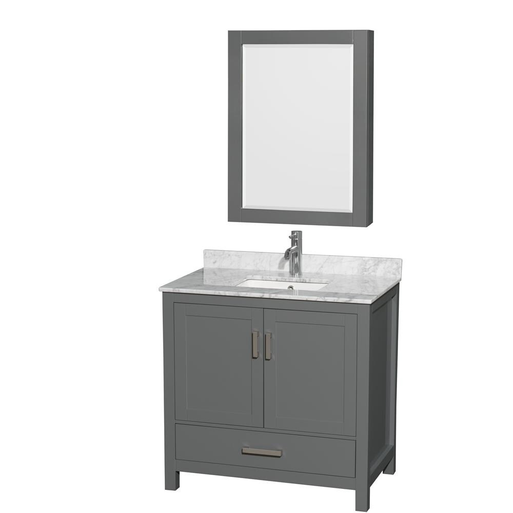 Wyndham Collection WCS141436SKGCMUNSMED Sheffield 36-in Dark Gray with Brushed Chrome Trim Undermount Single sink Bathroom Vanity with White Carrara Marble Natural marble Top (Mirror Included)