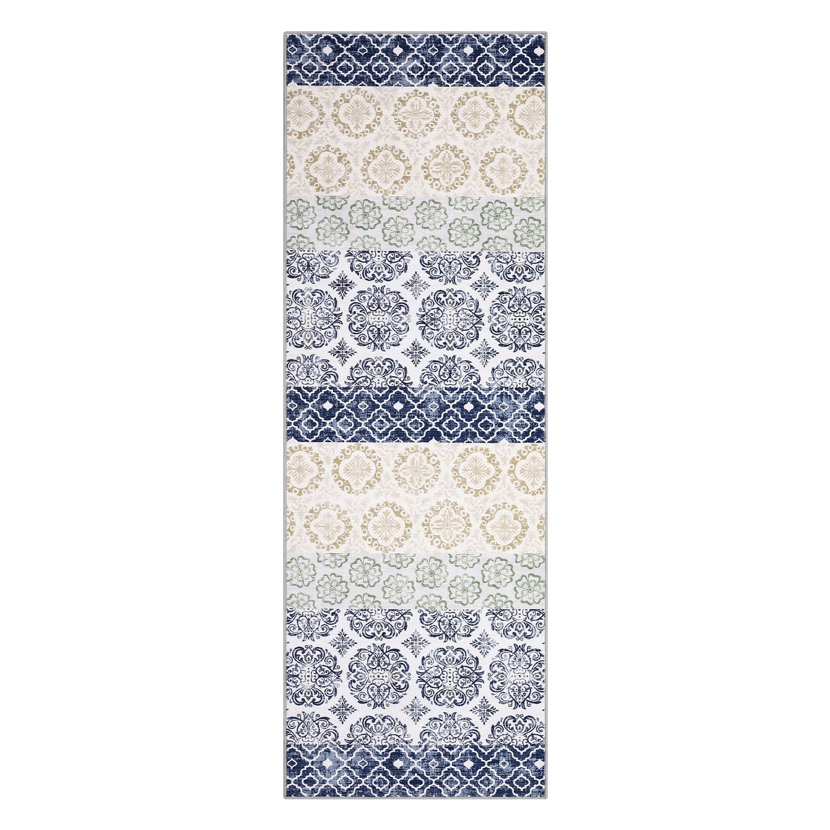 Qeetex LSN-PHK-343NA8YD 2 x 6 ft Polyester Pearl Velvet Blue Rectangular Hallway Bathroom Entryway Kitchen Office Foldable Flower Printed Bohemian Washable Area Rug