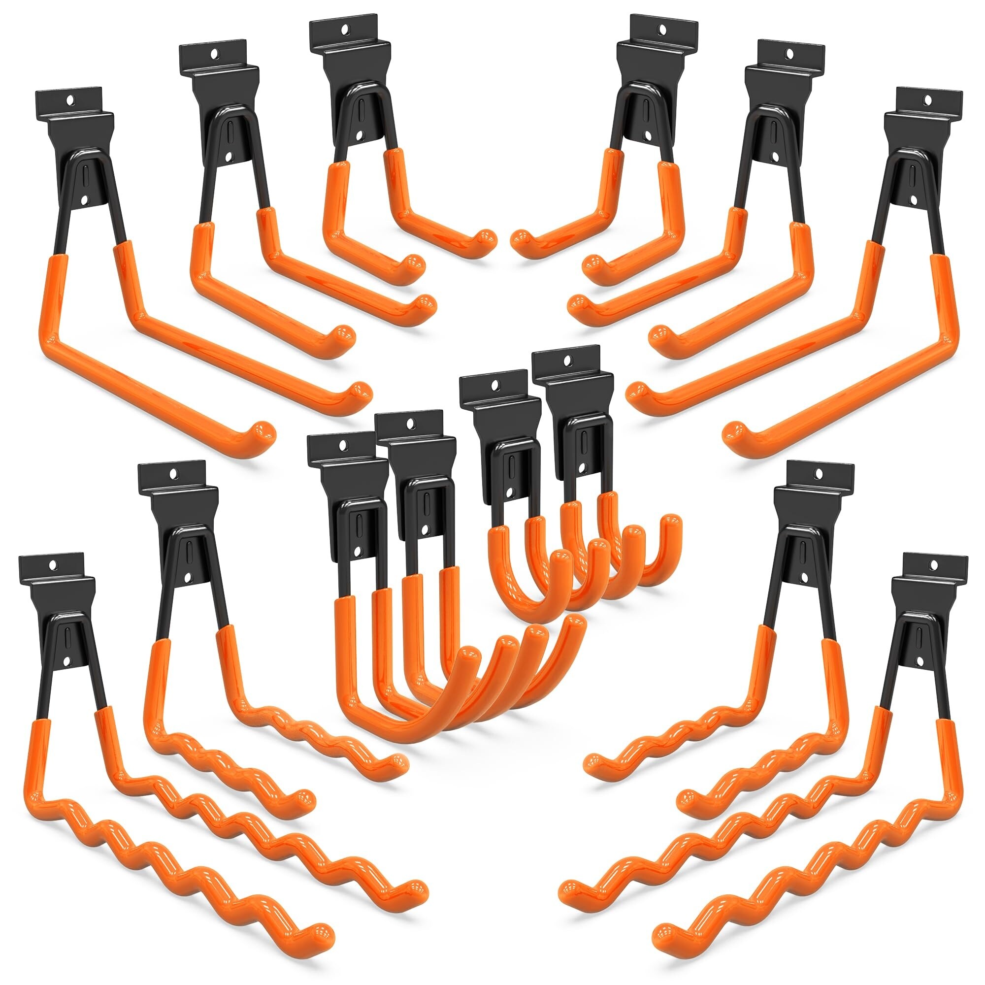 Lukvuzo  14 Piece Slatwall Hook Set Multi Size Heavy Duty Steel Garage Storage Accessories Fits Proslat Handiwall Crownwall StoreWALL Orange