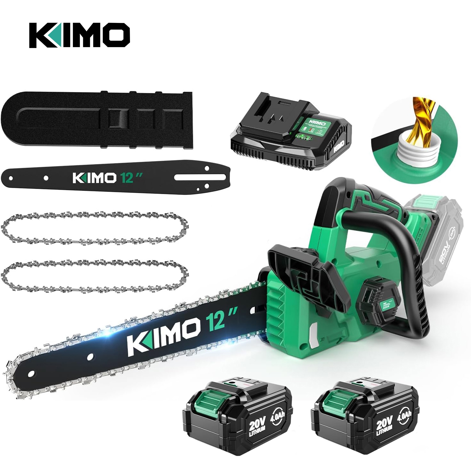 KIMO  20V Max 12-in Brushless Cordless Chainsaw Kit 54.5 Ft-s Powerful Cutting Includes 2 4.0Ah Lithium-Ion Batteries and Fast Charger
