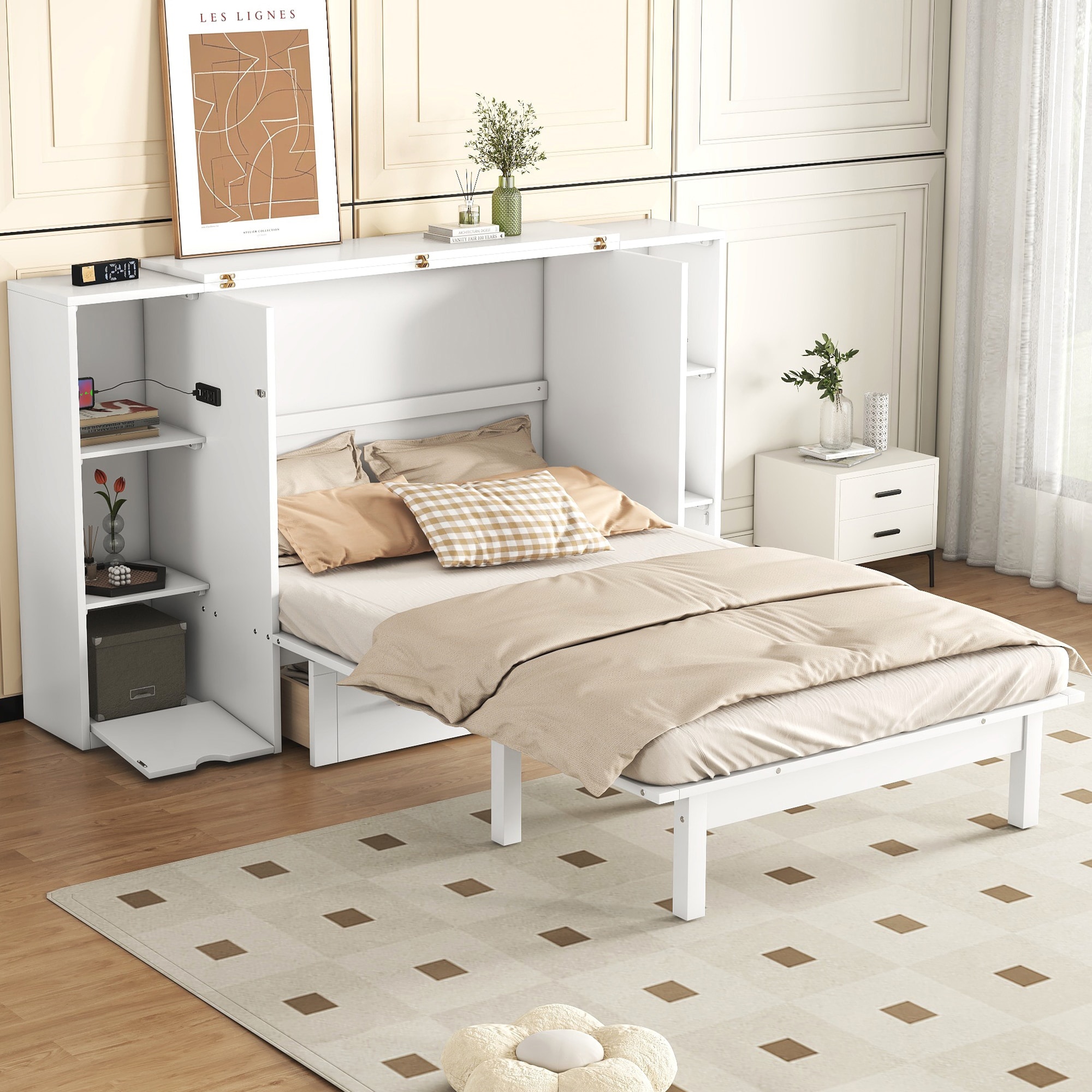 Nestfair FMB0568K White Queen Wood Murphy Bed with Storage