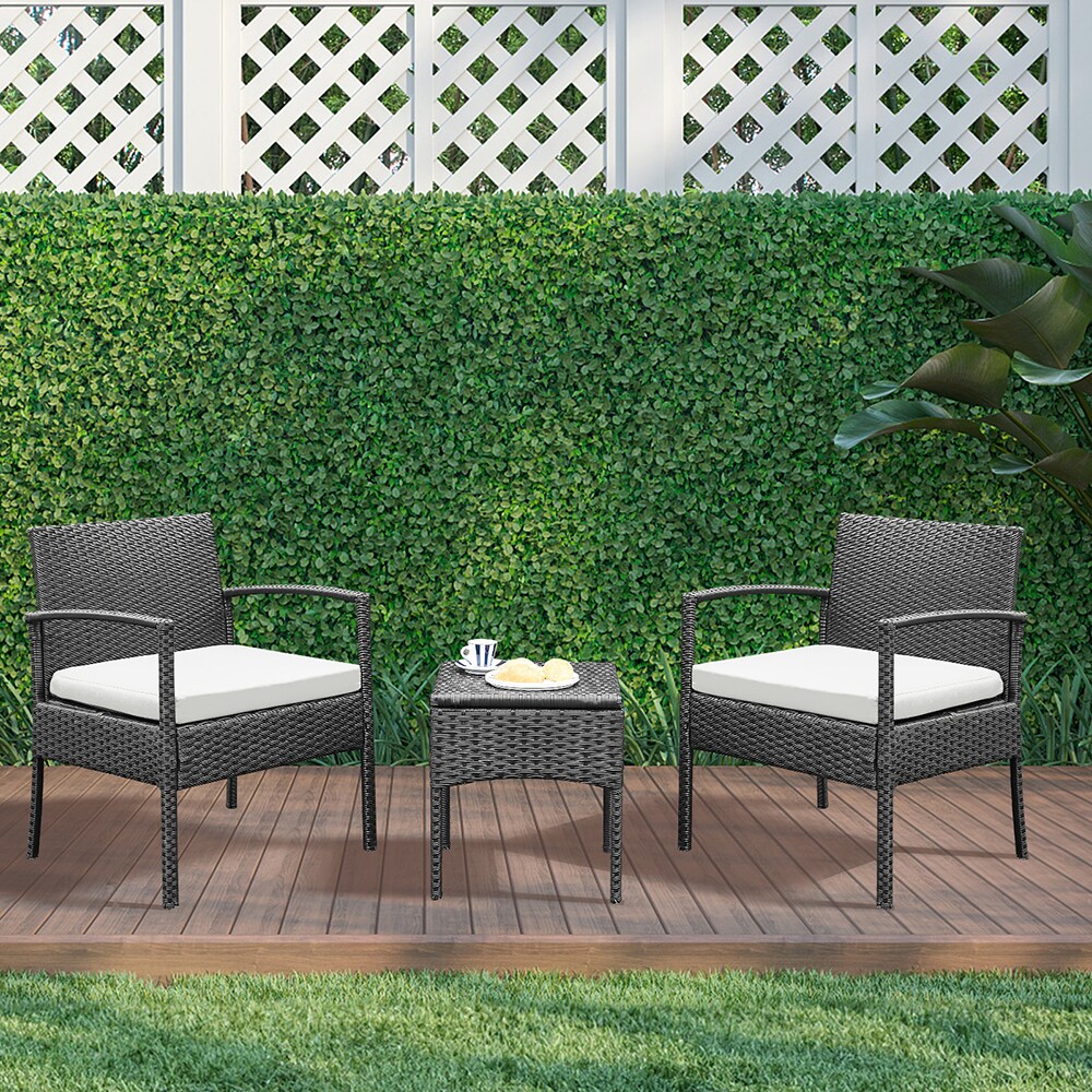 Grearden HZ012-WT-WW 3 -Piece Wicker Patio Conversation Set with White Cushions