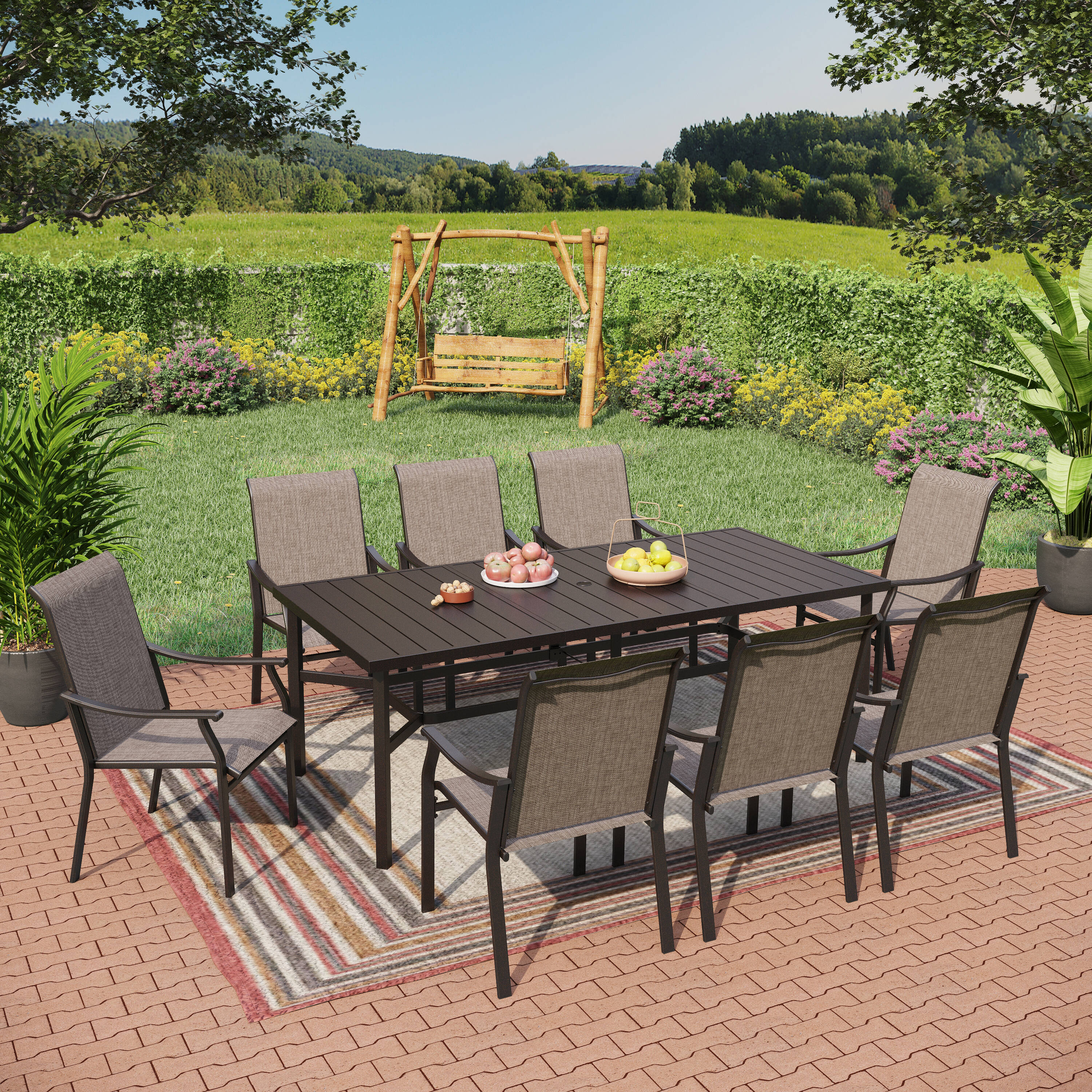 Sunshine Valley TC9-PV321-305 Outdoor Table and Chairs 9 -Piece Black Patio Dining Set Steel Rectangle Table with 8 Gray Stationary Chairs