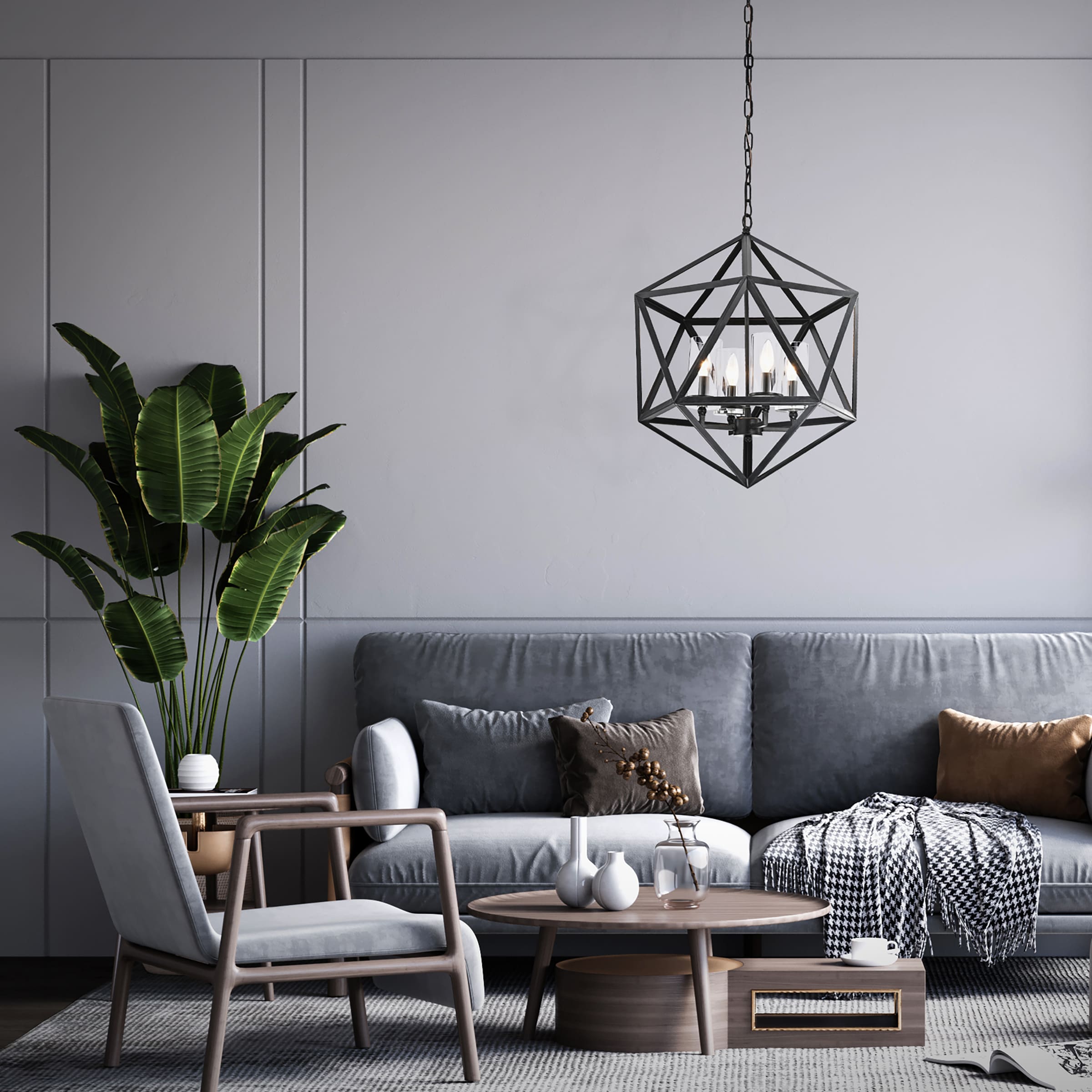 Antique Black Geometric Cage Chandelier with Glass Shades