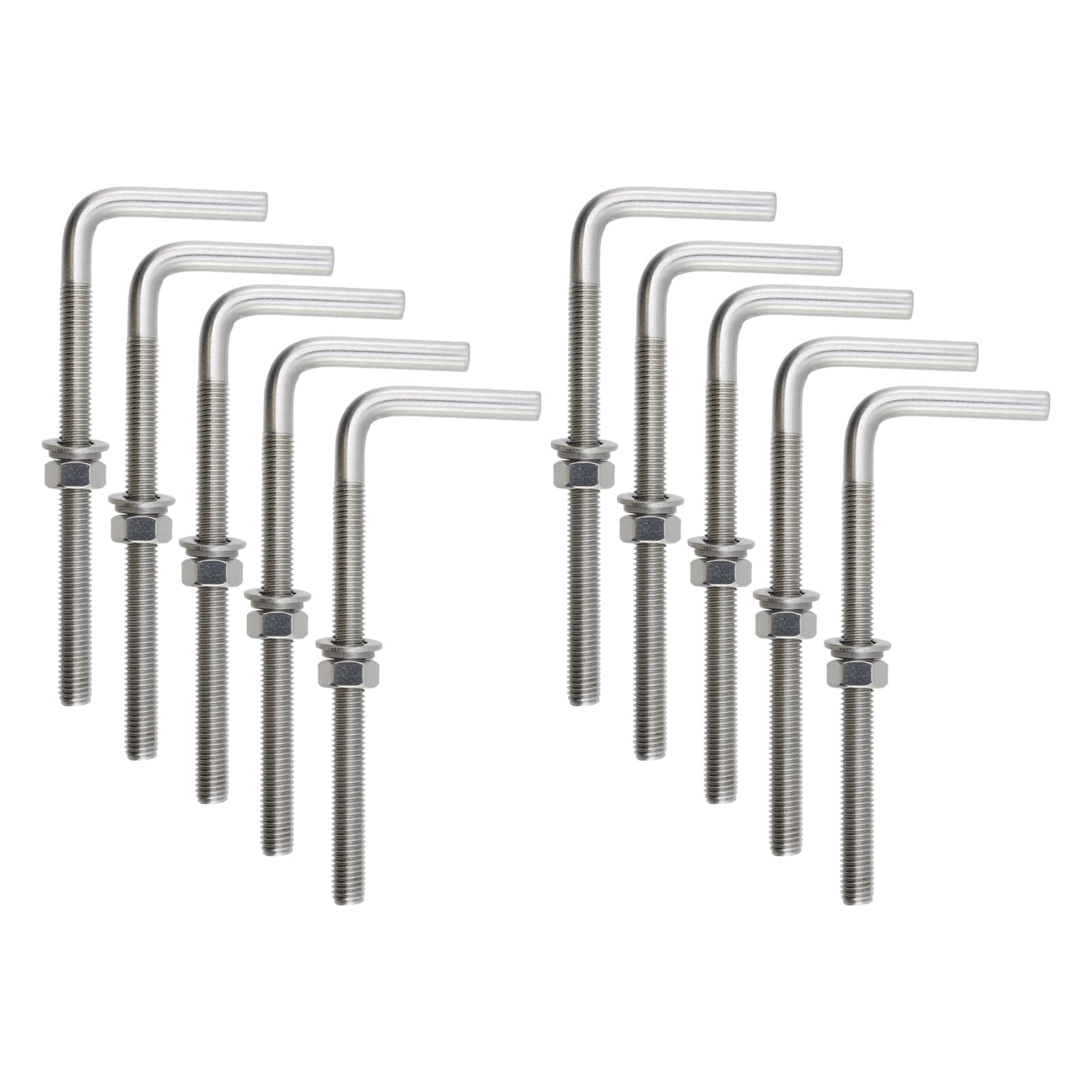 KIWDZFU  L Shape Anchor Bolts 3/8 by 6 Inches Stainless Steel with 10mm Male Thread Nuts and Washers for Wood Concrete Projects Set of 10
