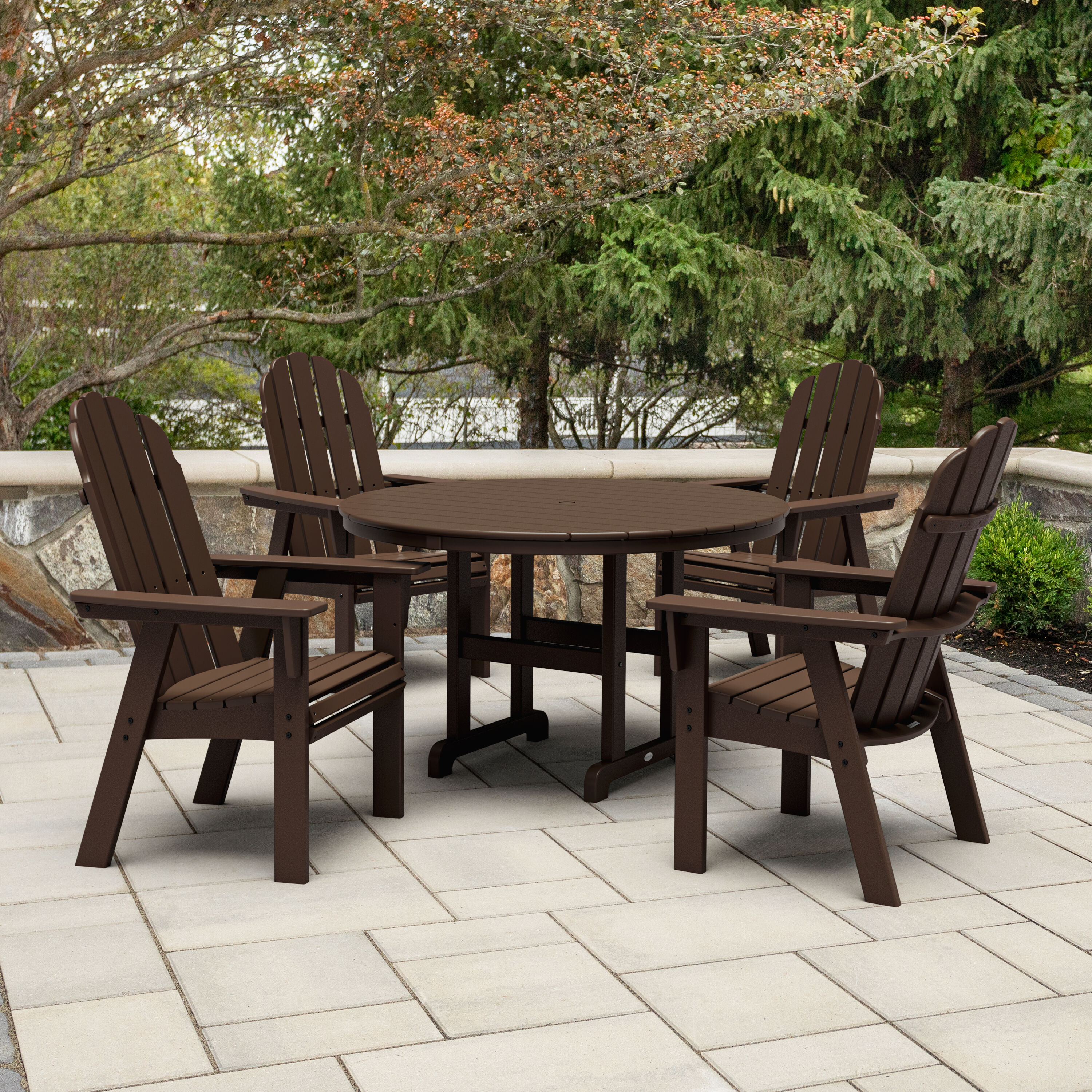 allen + roth by POLYWOOD PWS2727-1-MA Oakport 5 -Piece Mahogany Patio Dining Set Plastic Round Table with 4 Stationary Chairs