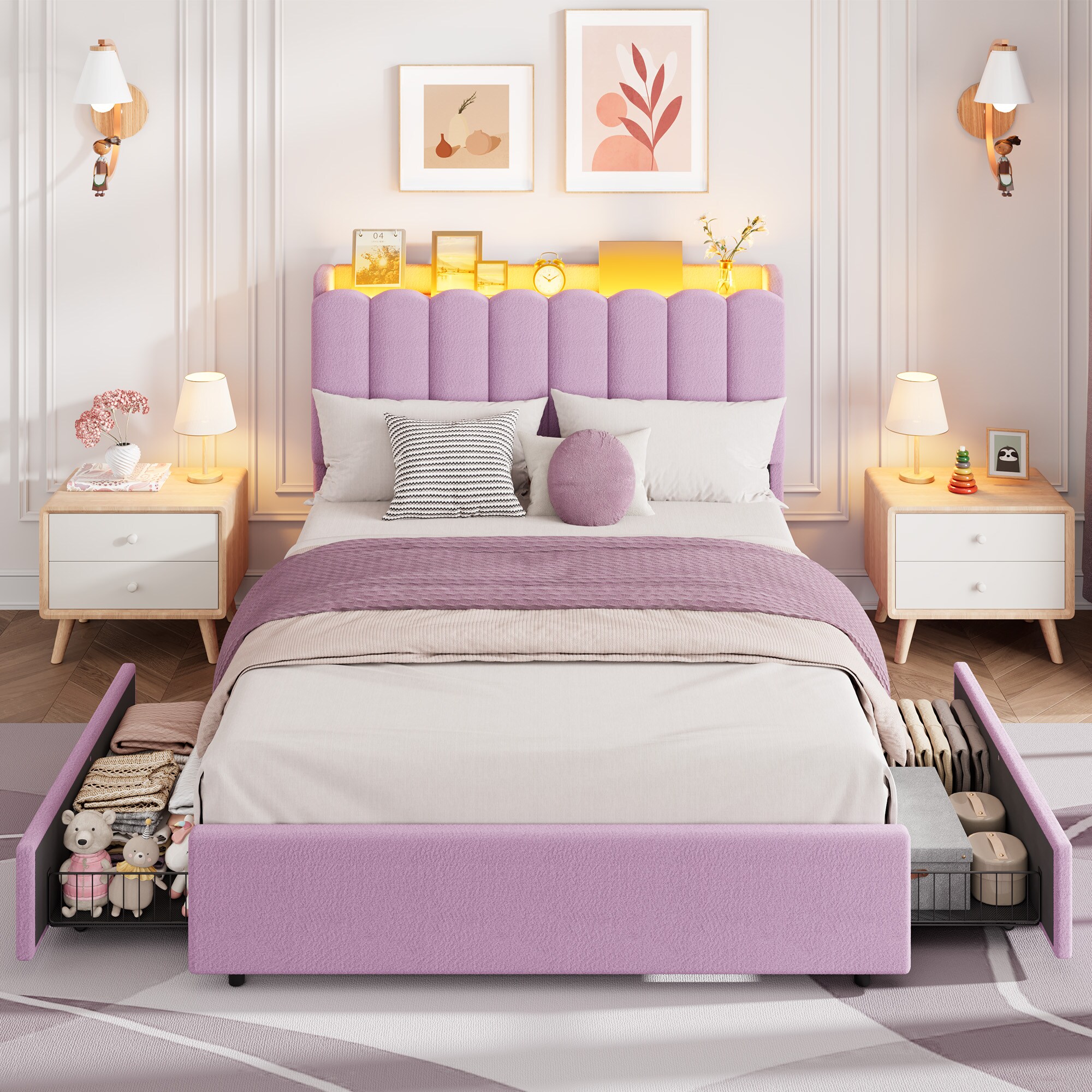IdealHouse Purple Full Size Upholstered Platform Bed LED Lights Storage ...