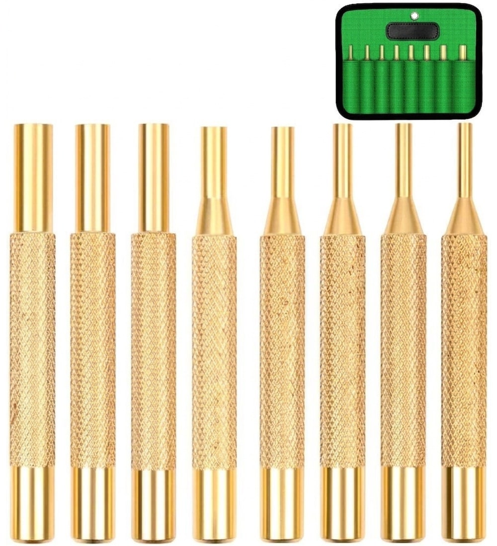 Etokfoks 3 15 in Handle Length Brass Punch Set with Non Marring Pin Removal Compact Storage Pouch Includes 8 Piece #LETI0WWDZ