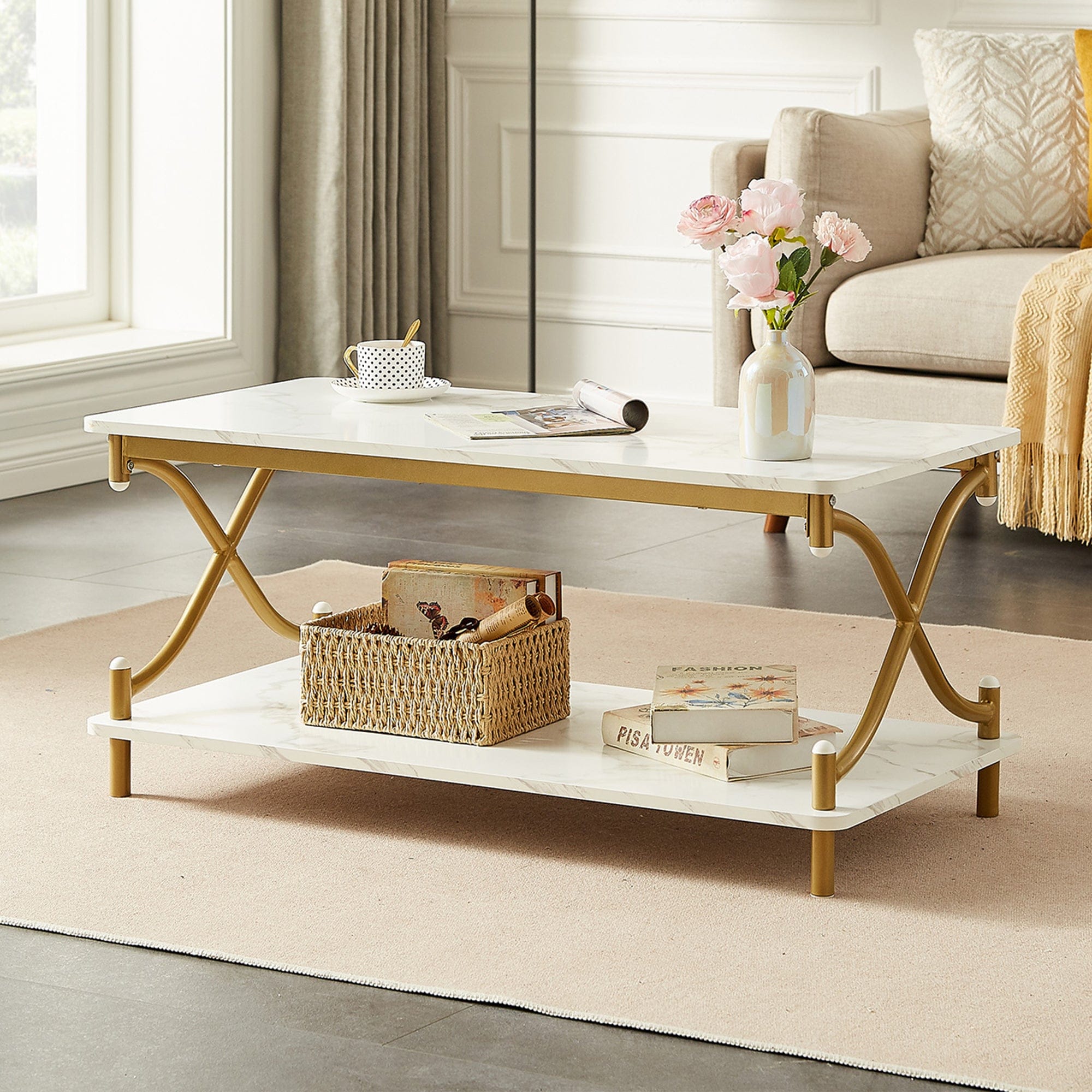 Vecelo LOE-MX-CT04-GLD Rectangle Coffee Table with Storage and Open Shelves for Living Room