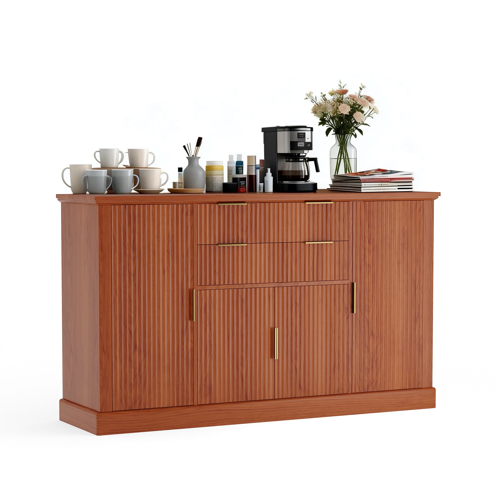 Garvee 58 Inch Fluted Buffet Sideboard with 4 Doors and 2 Drawers - Adjustable Shelf Storage Cabinet for Dining Room - Kitchen Console Table with Gold Handles - Coffee Bar Credenza for Living Room - Walnut