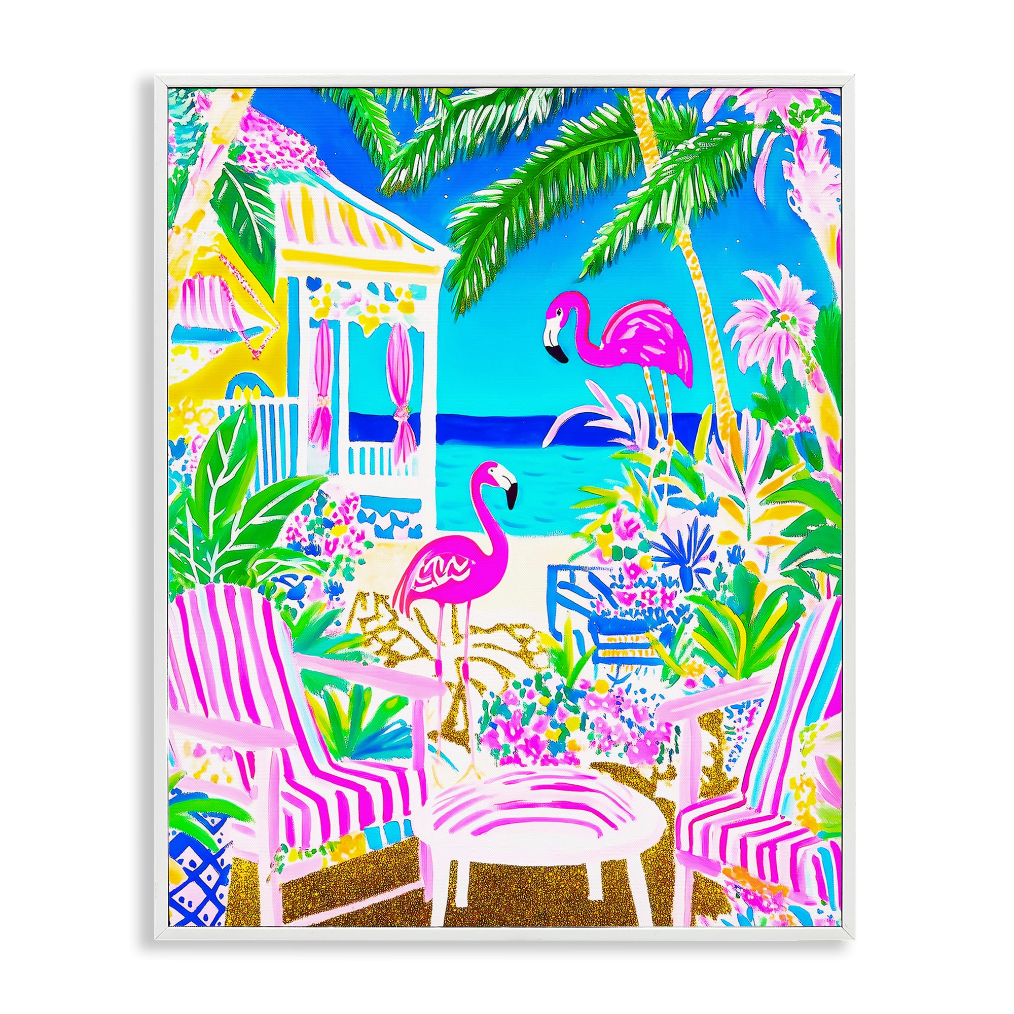 Stupell Industries BT-303-WFR-16X20 Vivid Flamingos on Tropical Beach White Framed Giclee Art By Jess Stempel 16 x 20