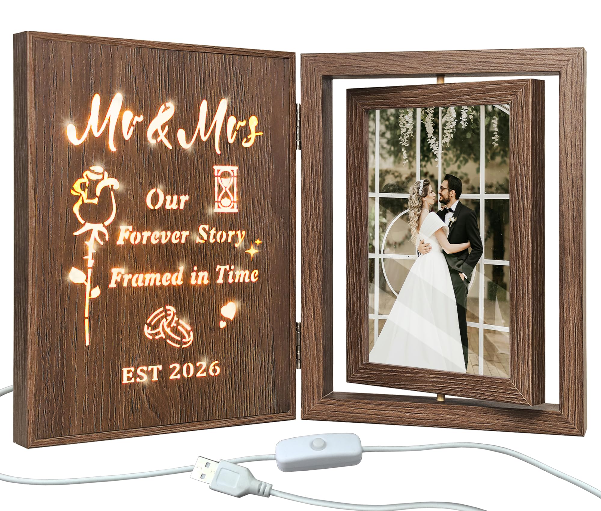 IUEST  Light Up Wedding Picture Frame Rotating Design Holds Two Four by Six Photos with LED Glowing Message Mr and Mrs Our Forever Story Est 2026