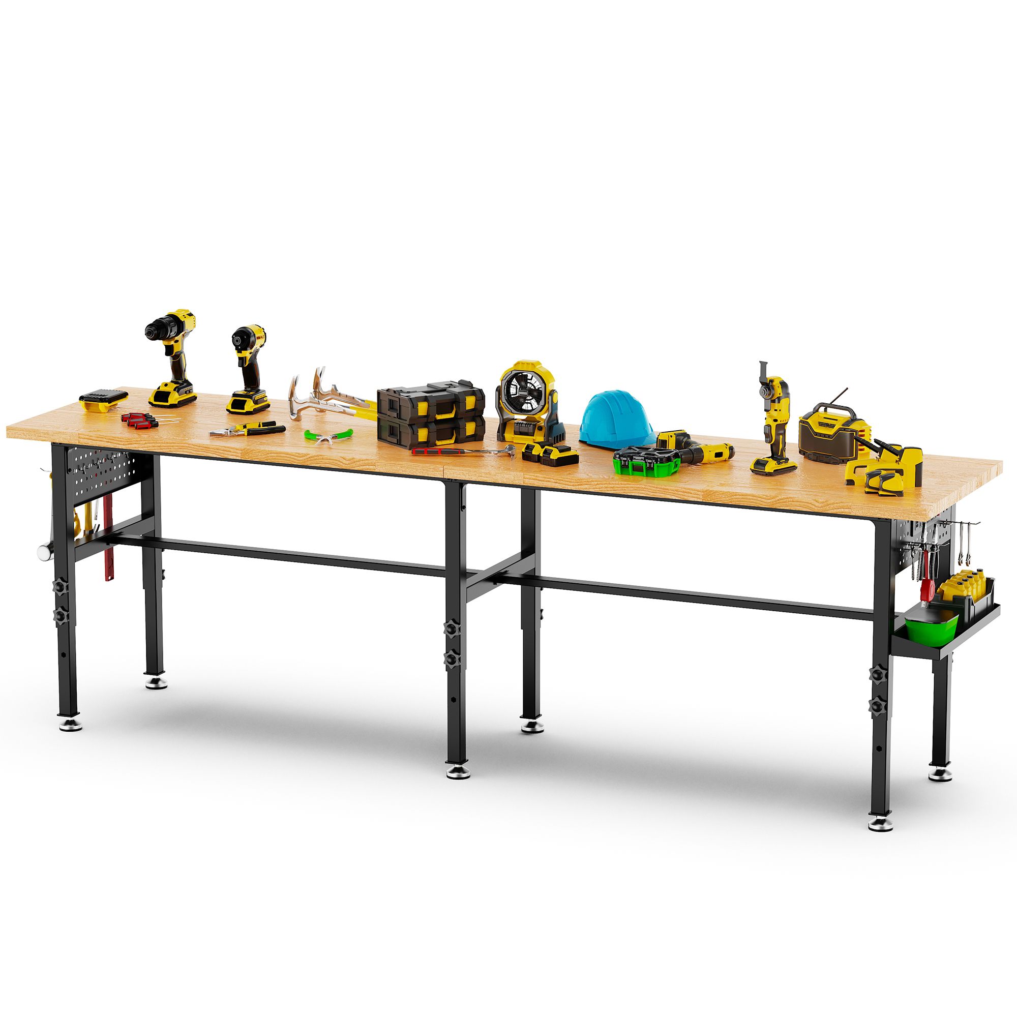 Blisstyle 96inch Adjustable Workbench with Side Pegboard Solid Wood Top 2000 Lbs Capacity Adjustable Height Garage Work Table with Power Outlet Storage Box Wheels or Leveling Feet