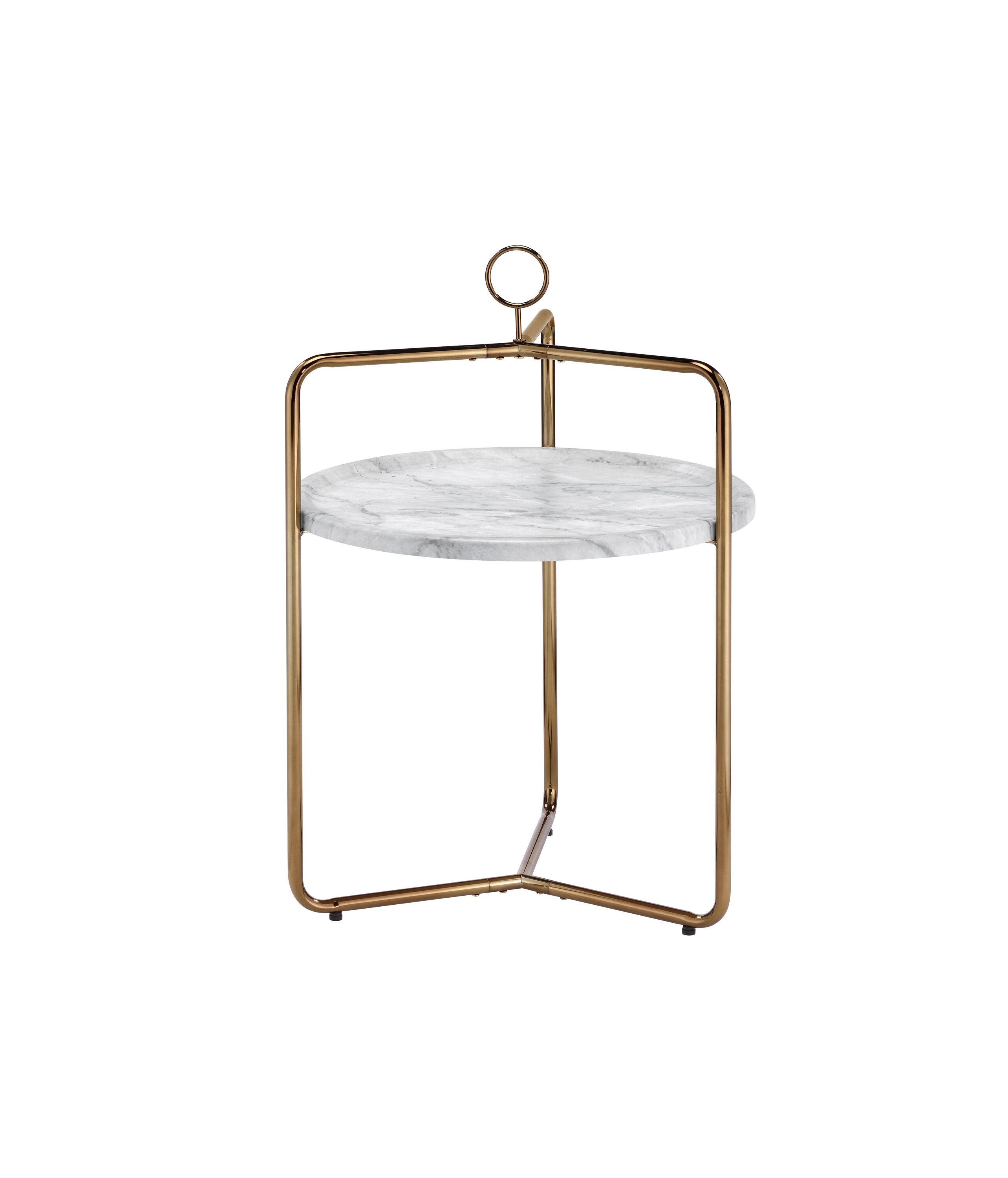 White Faux Marble and Gold Metal Round Side Table