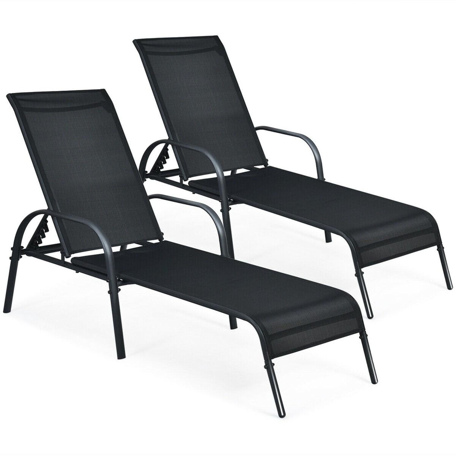 LIVIZA DOJ70508BK-2 CY 2 Pcs Patio Chaise Lounge Set of 2 Black Steel Frame Stationary Chaise Lounge Chair with Black Mesh Seat