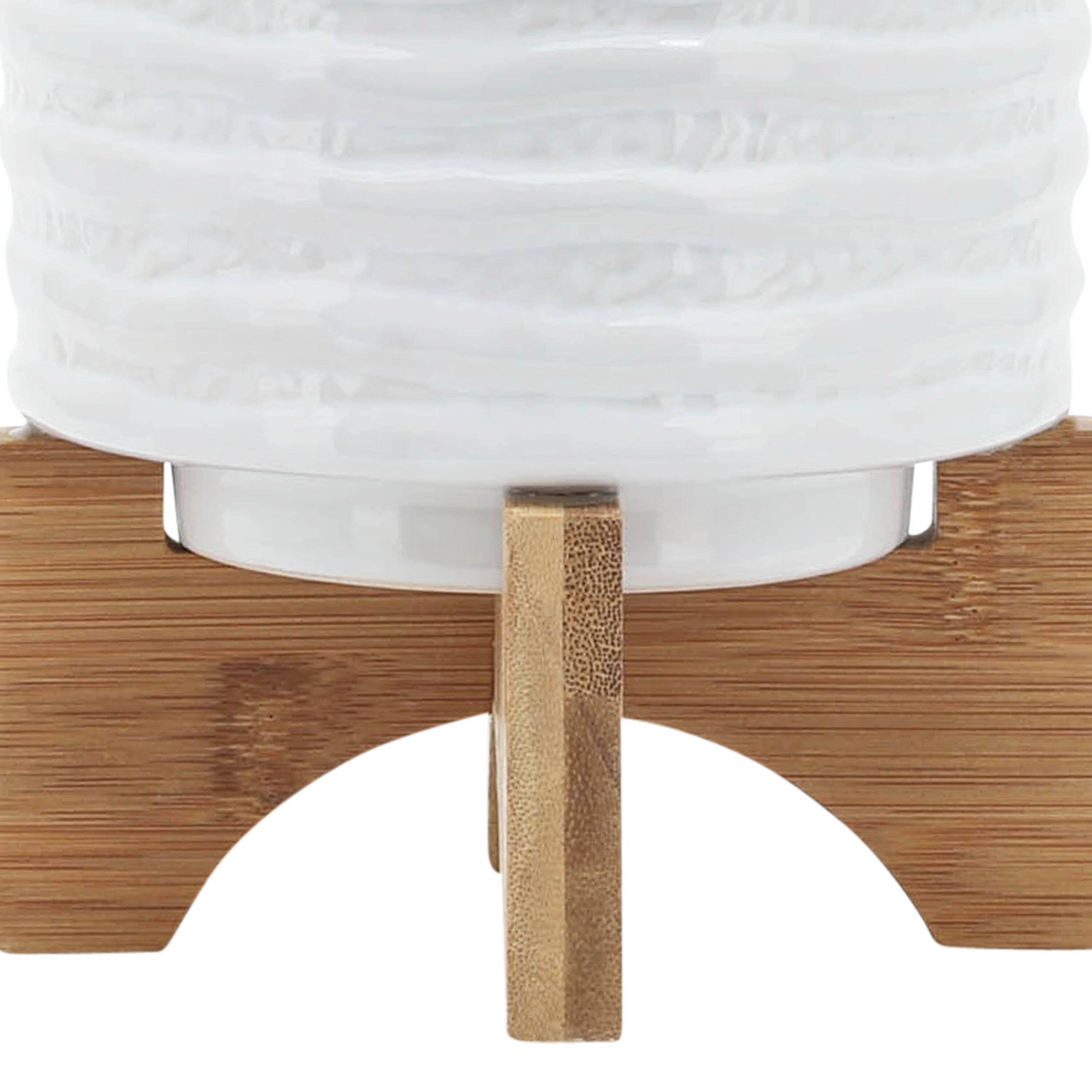 Elegant White Stripe Ceramic Planter with Wooden Stand, 6"x8"