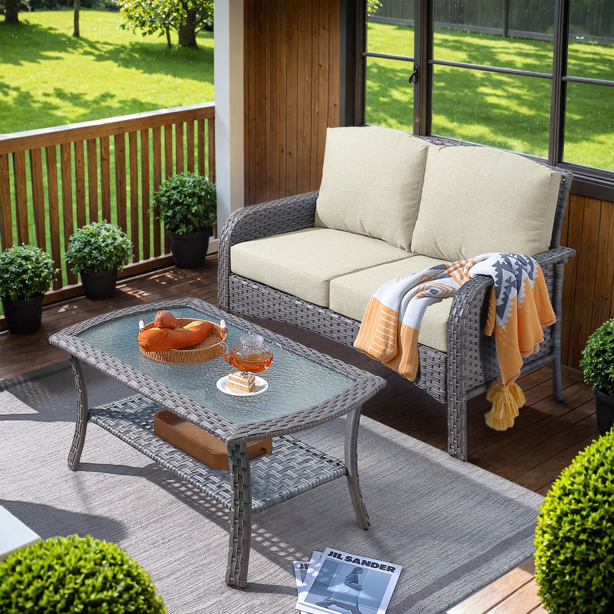 Pouuin SDNG6-2 2 -Piece Wicker Patio Conversation Set with Beige Cushions
