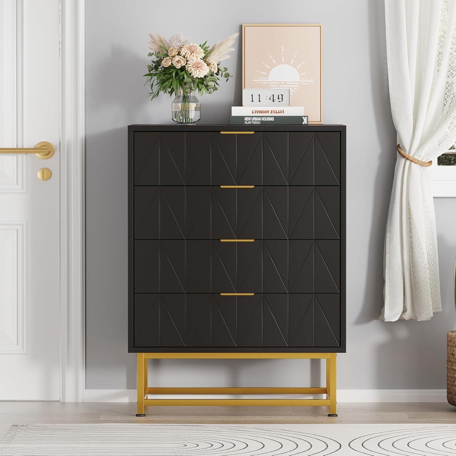 Qeetex D23PHO33J3F84W 4 Drawer MDF Dresser with Gold Metal Legs and Handles Rust Resistant Painted Finish Black
