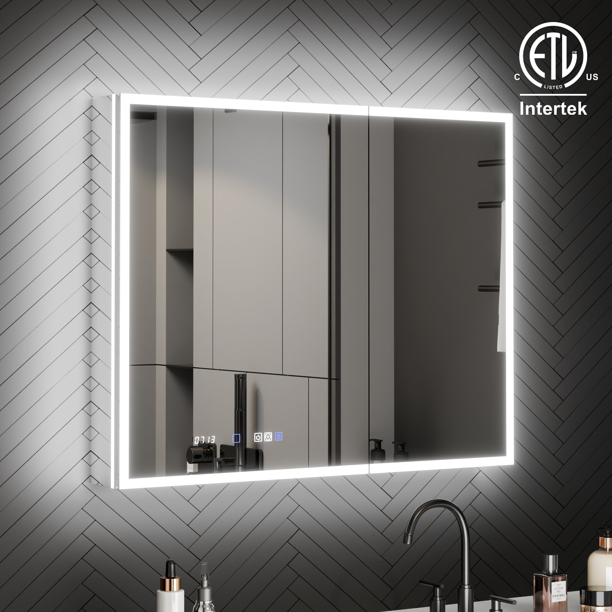 ExBrite W7MC5530 Astra 40-in x 32-in Lighted LED Fog Free Surface/Recessed Mount Stellar Silver Mirrored Rectangle Soft Close Medicine Cabinet with Outlet